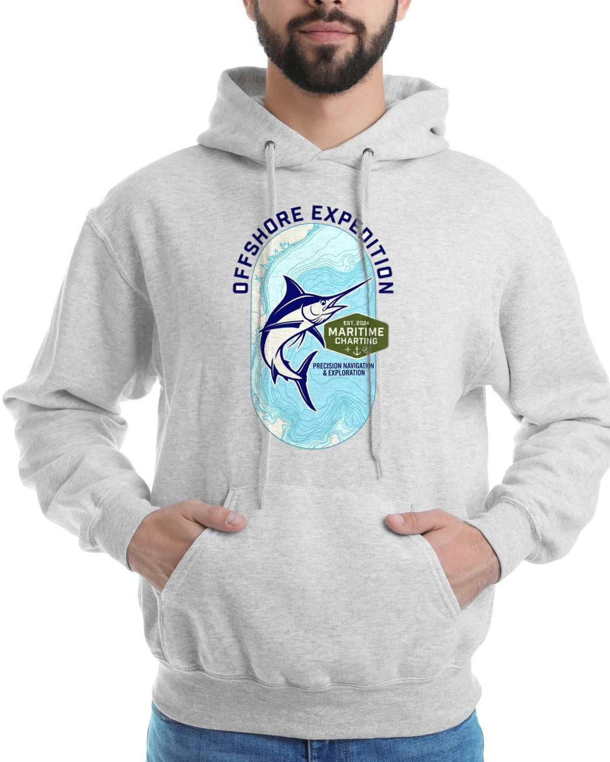 Coastal Bathymetry Marlin Badge Hoodie — lifestyle photo