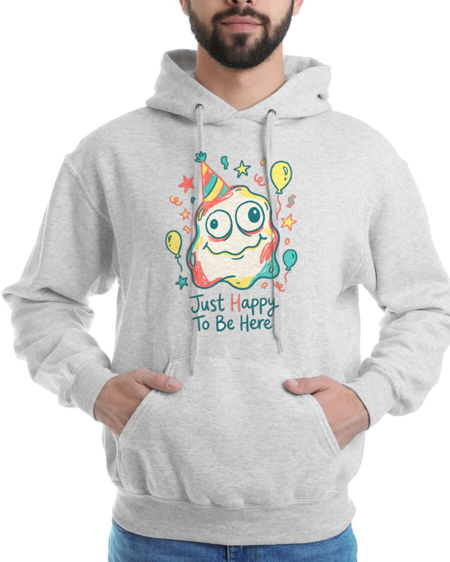 Wobbly Party Blob Just Happy To Be Here Hoodie — lifestyle photo