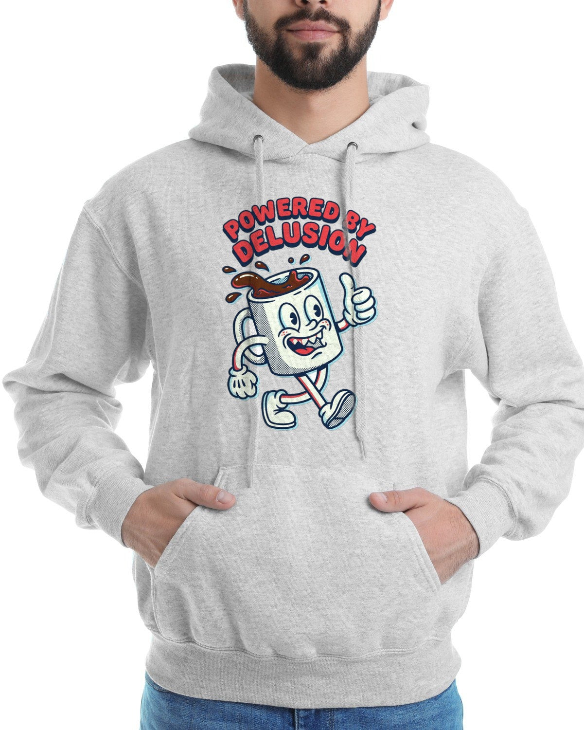 Powered By Delusion Coffee Mascot Hoodie — lifestyle photo