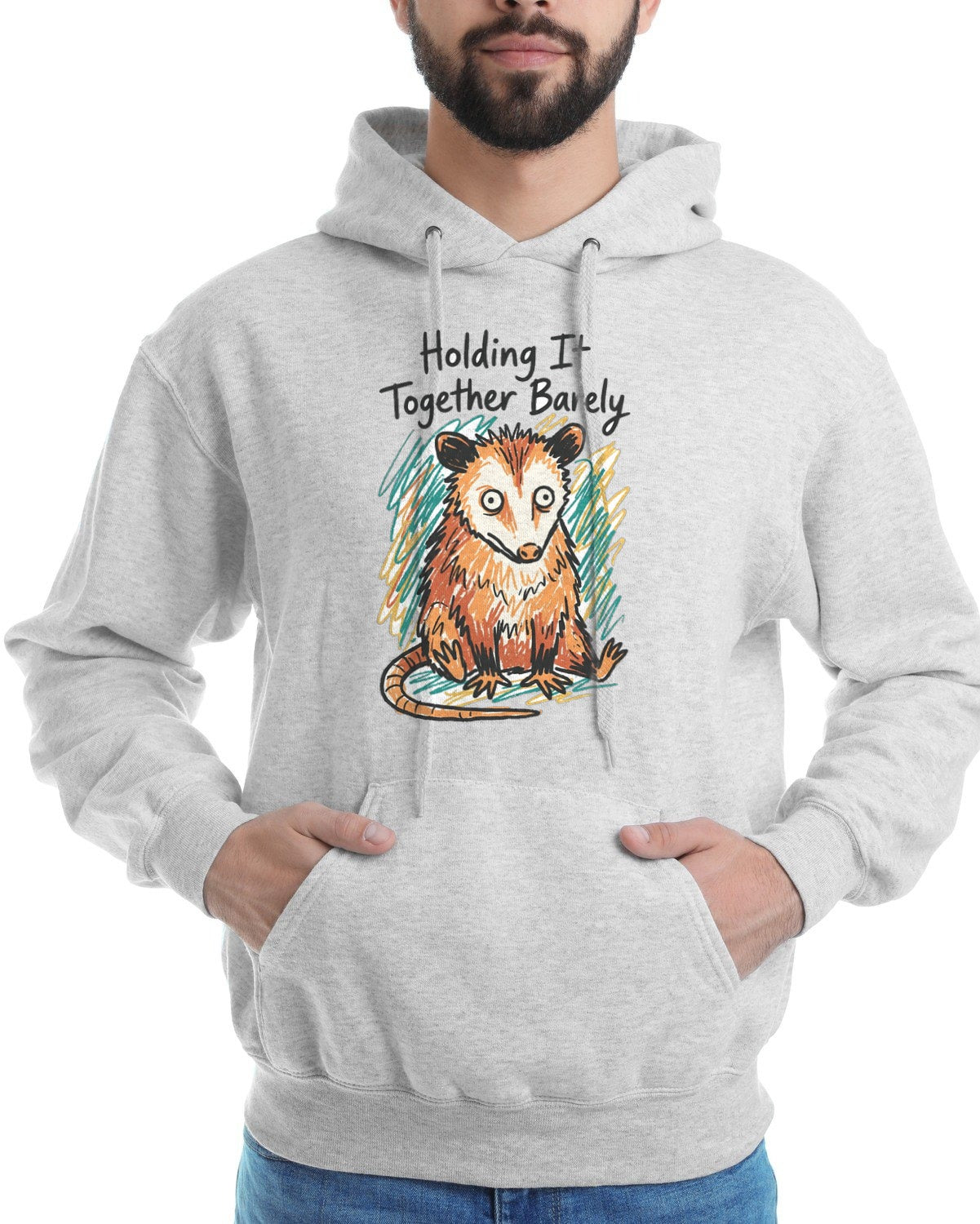 Holding It Together Crayon Opossum Hoodie — lifestyle photo