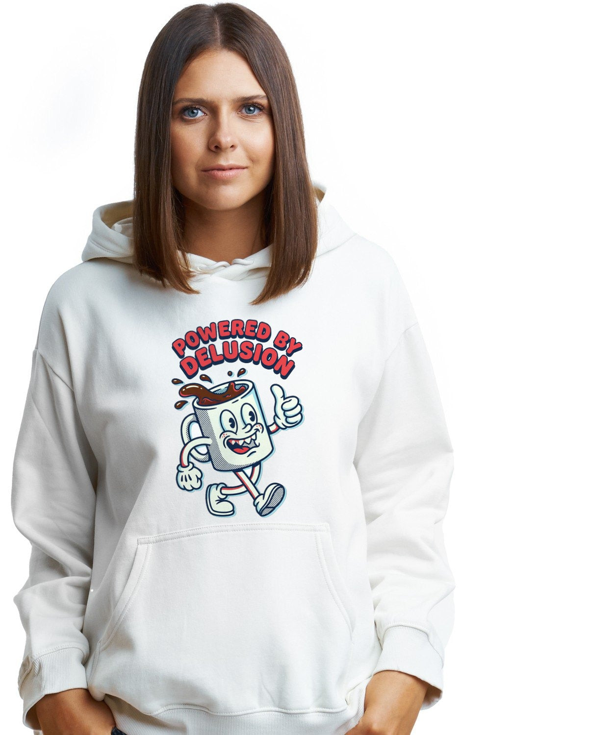 Powered By Delusion Coffee Mascot Hoodie — lifestyle photo