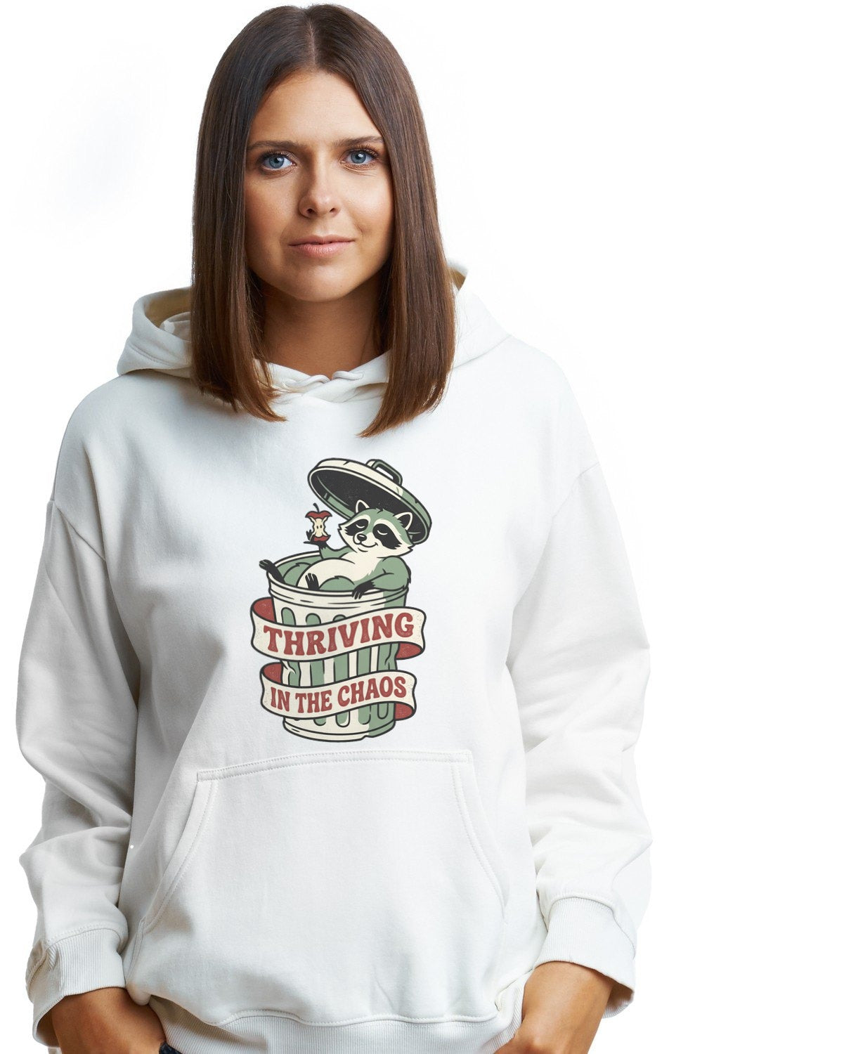 Thriving In The Chaos Raccoon Tee Hoodie — lifestyle photo
