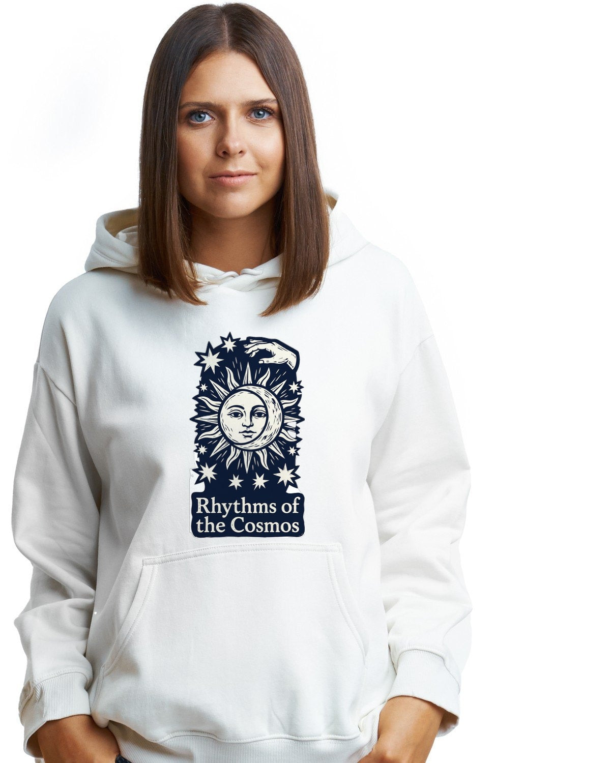 Celestial Balance Linocut Eclipse Hoodie — lifestyle photo
