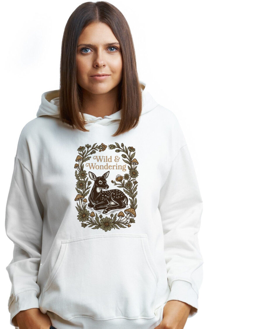 Forest Child Vintage Fawn & Fungi Hoodie — lifestyle photo