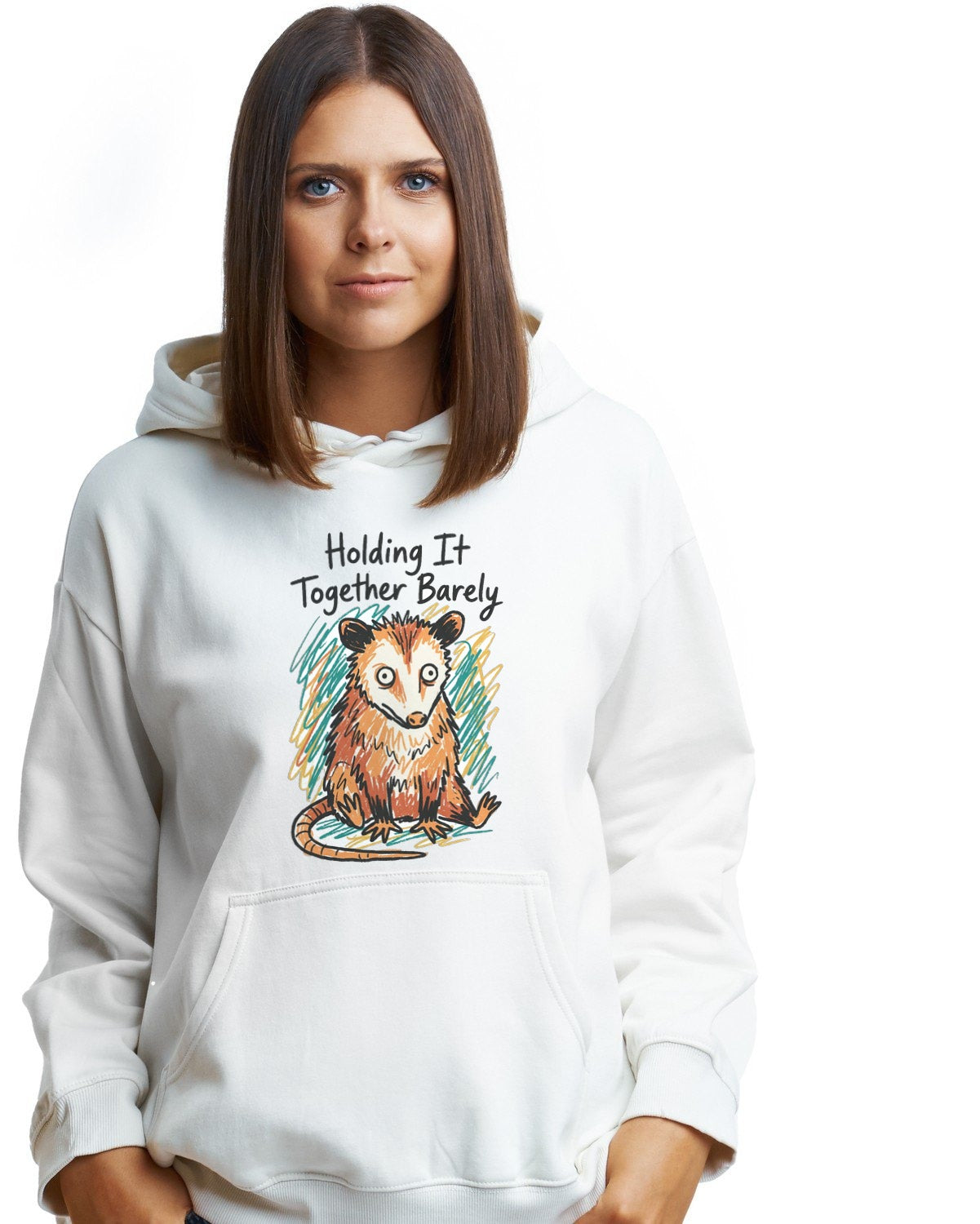 Holding It Together Crayon Opossum Hoodie — lifestyle photo