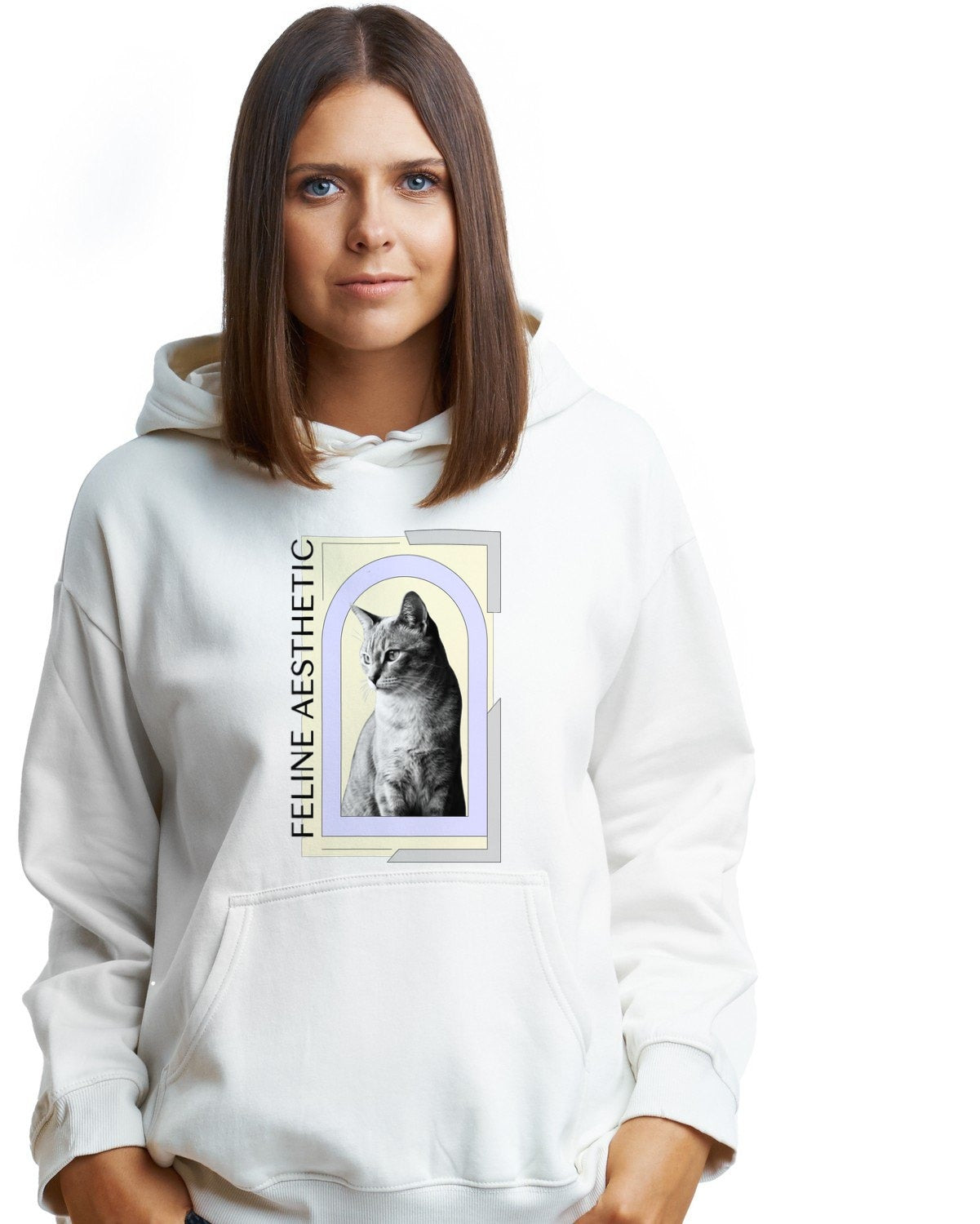 Editorial Feline Chic Portrait Hoodie — lifestyle photo