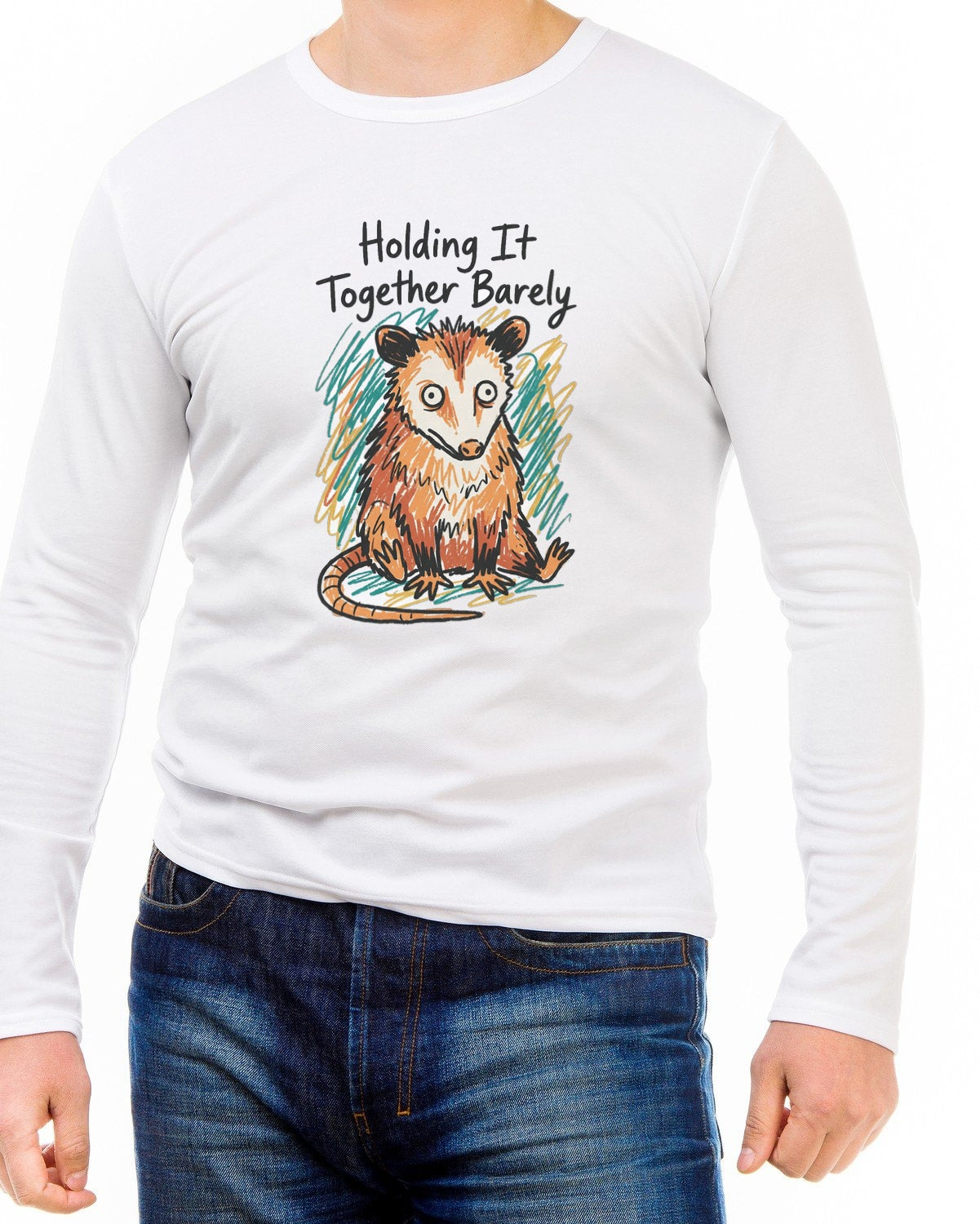 Holding It Together Crayon Opossum Long Sleeve — lifestyle photo