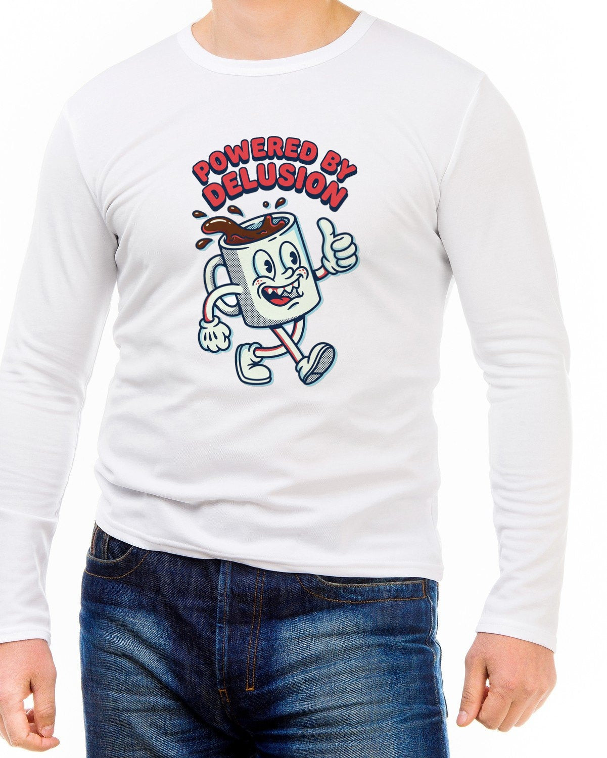 Powered By Delusion Coffee Mascot Long Sleeve — lifestyle photo