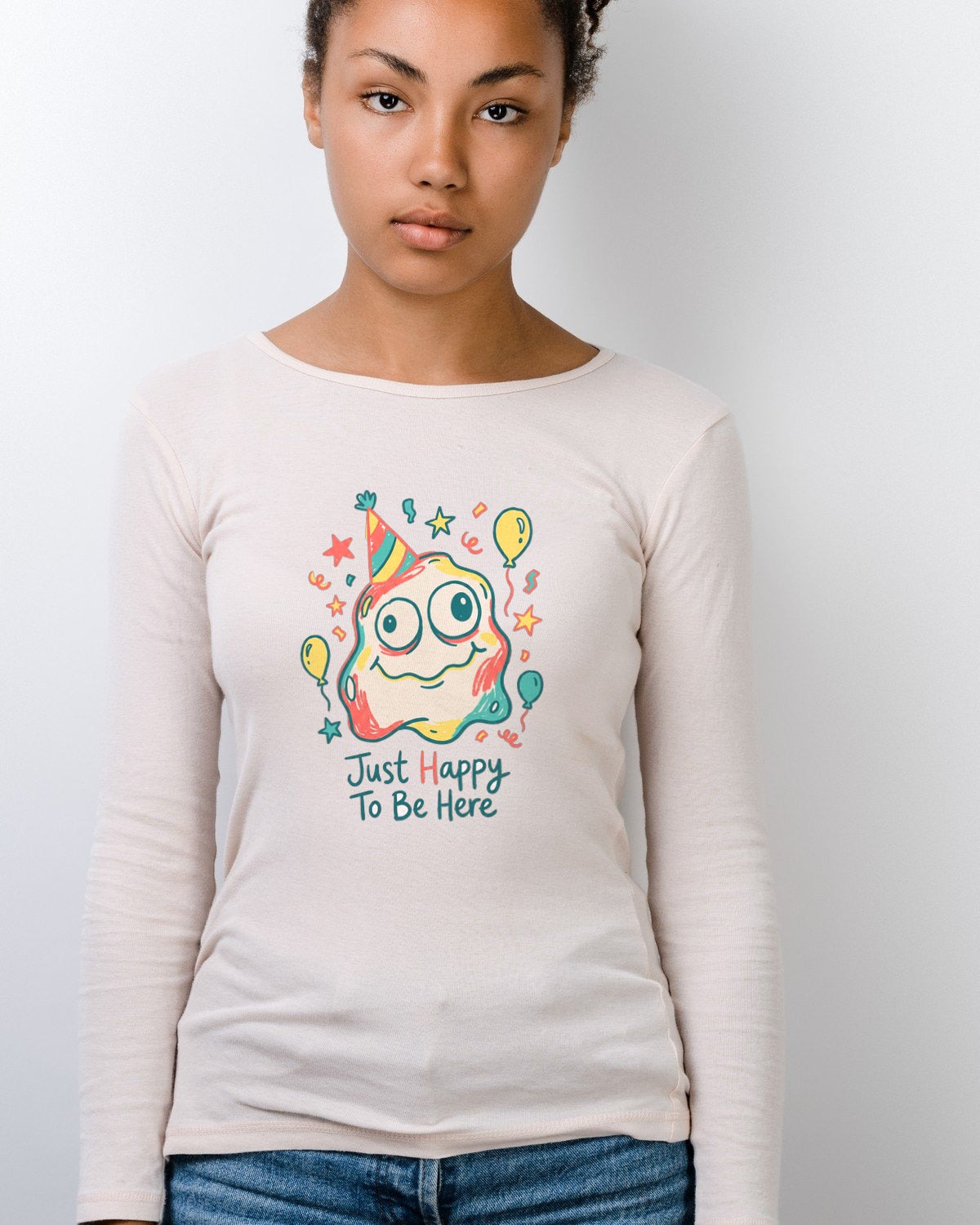 Wobbly Party Blob Just Happy To Be Here Long Sleeve — lifestyle photo