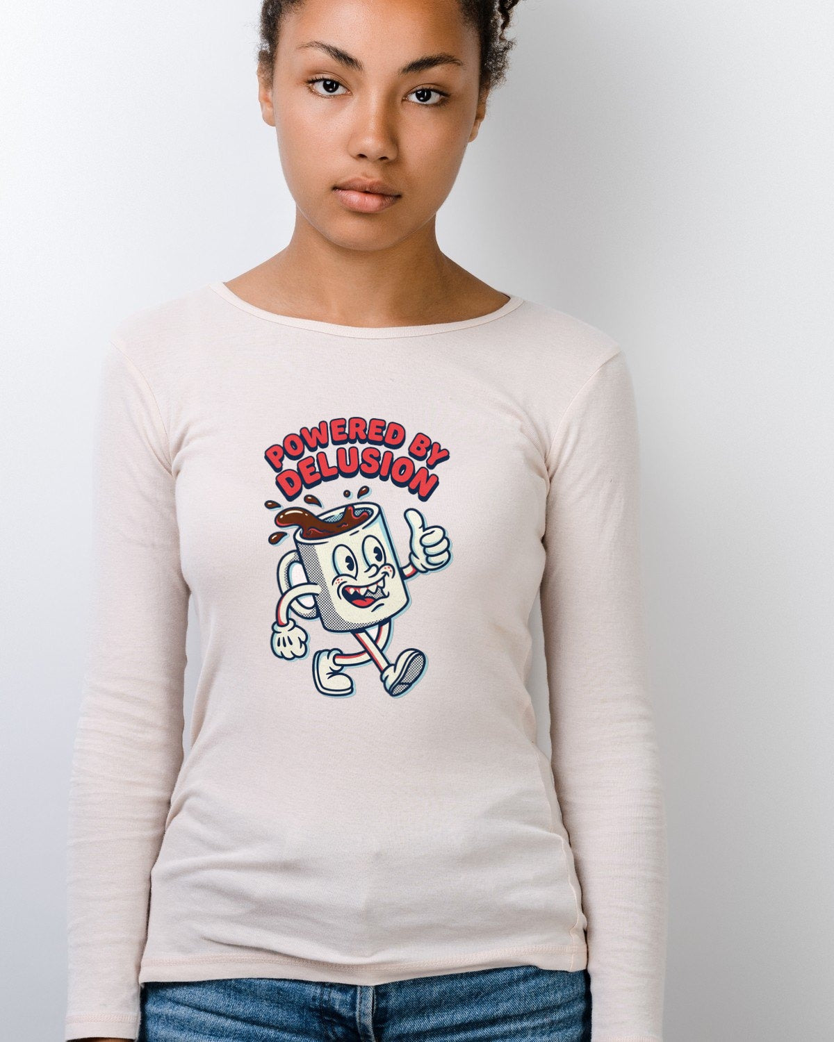 Powered By Delusion Coffee Mascot Long Sleeve — lifestyle photo