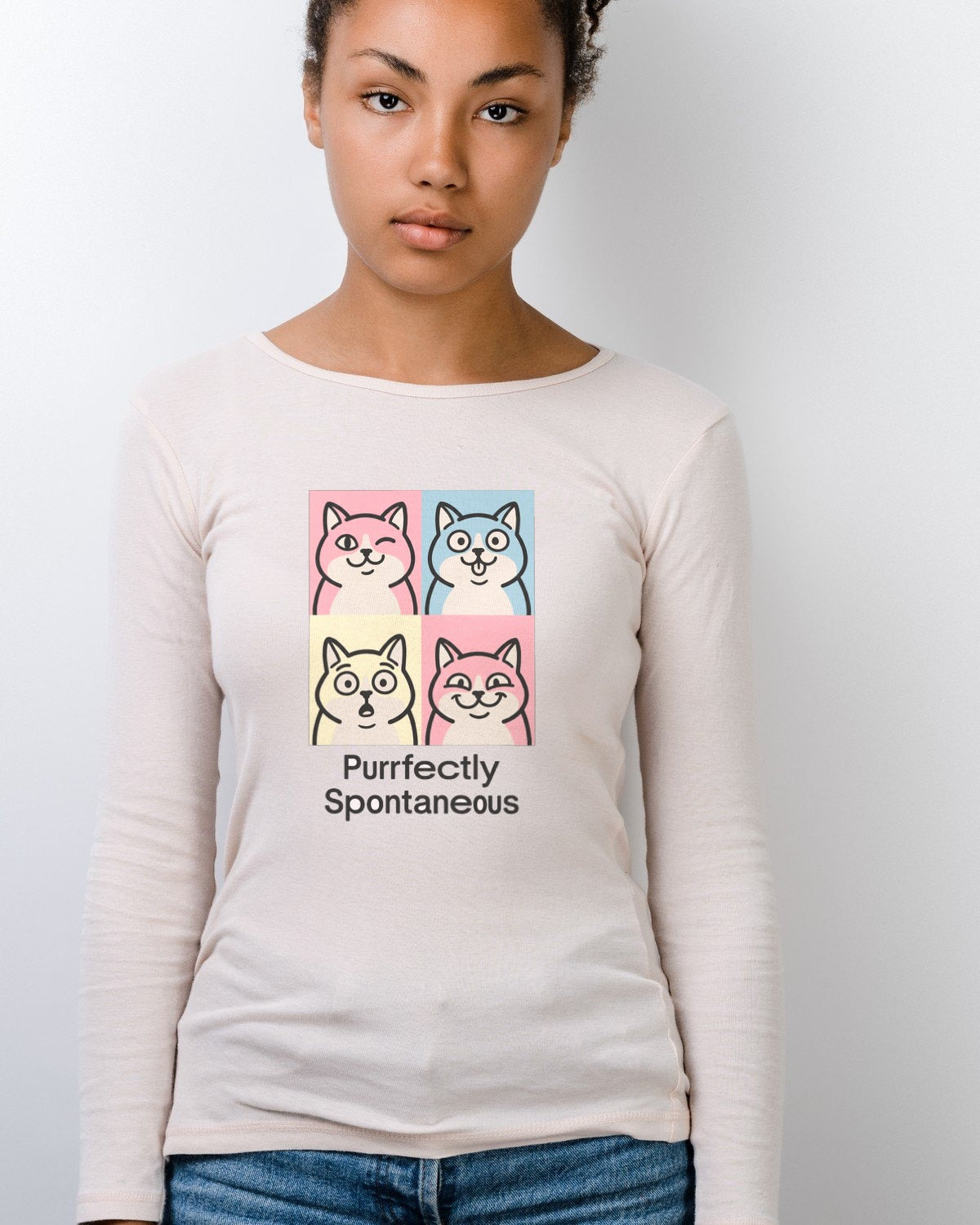 Pastel Pop Art Kitten Grid Long Sleeve — lifestyle photo