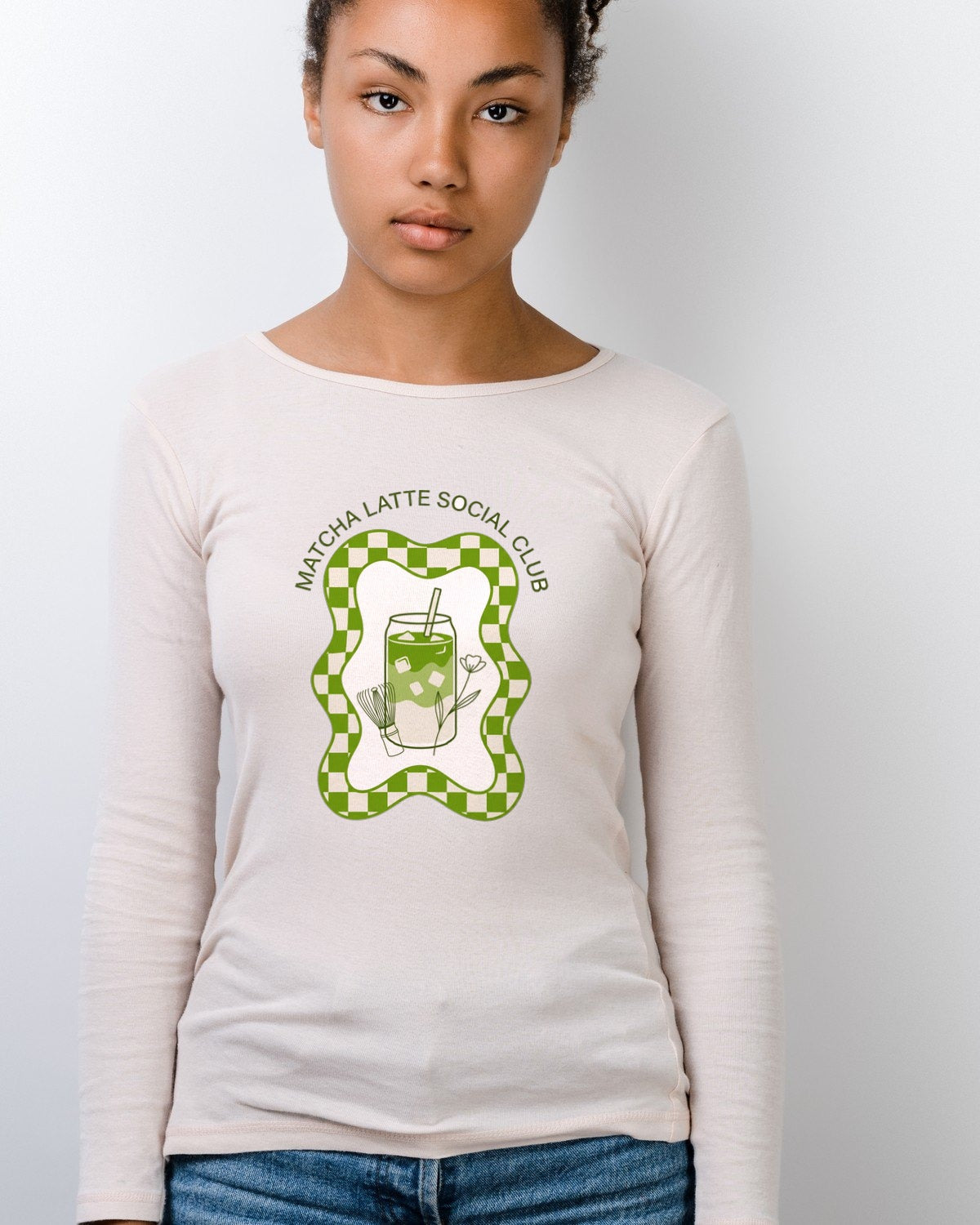 Wavy Checkerboard Matcha Ritual Long Sleeve — lifestyle photo
