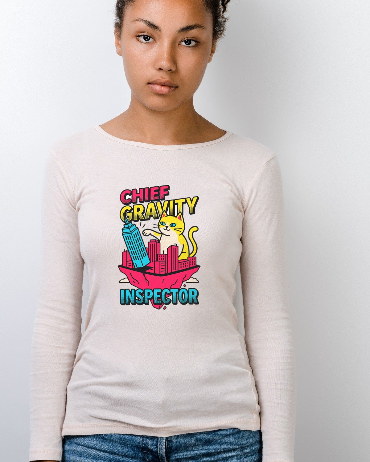 Chief Gravity Inspector Kaiju Cat Long Sleeve — lifestyle photo