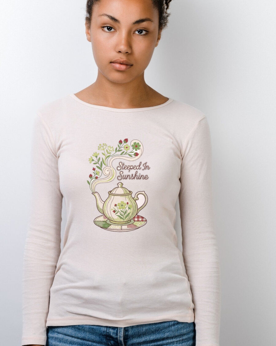 Steeped In Sunshine Faux Stitch Teapot Long Sleeve — lifestyle photo