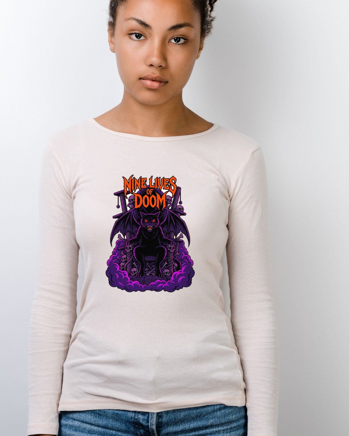 Feline of the Abyss Gothic Metal Long Sleeve — lifestyle photo