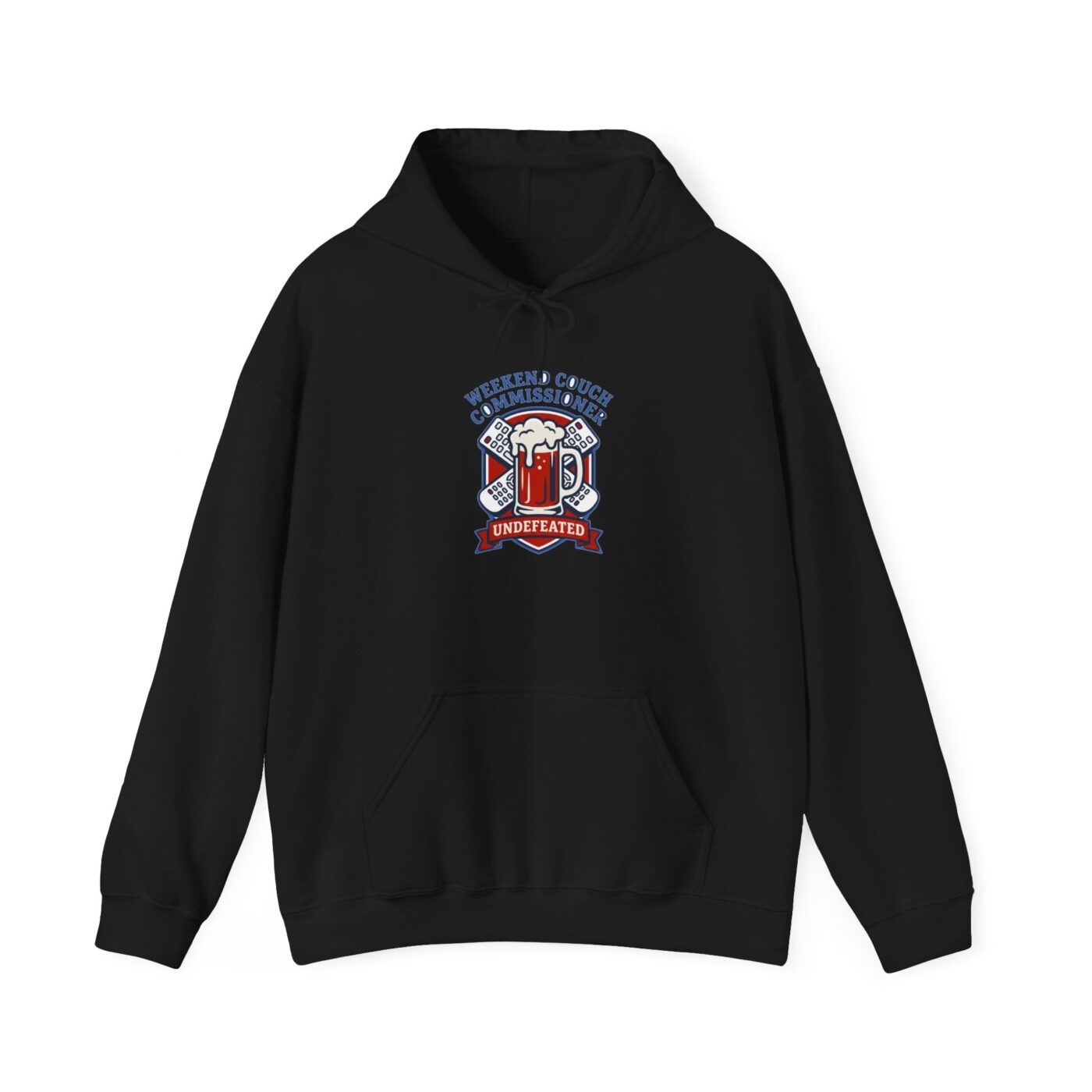 Weekend Couch Commissioner Crest Tee Hoodie — lifestyle photo