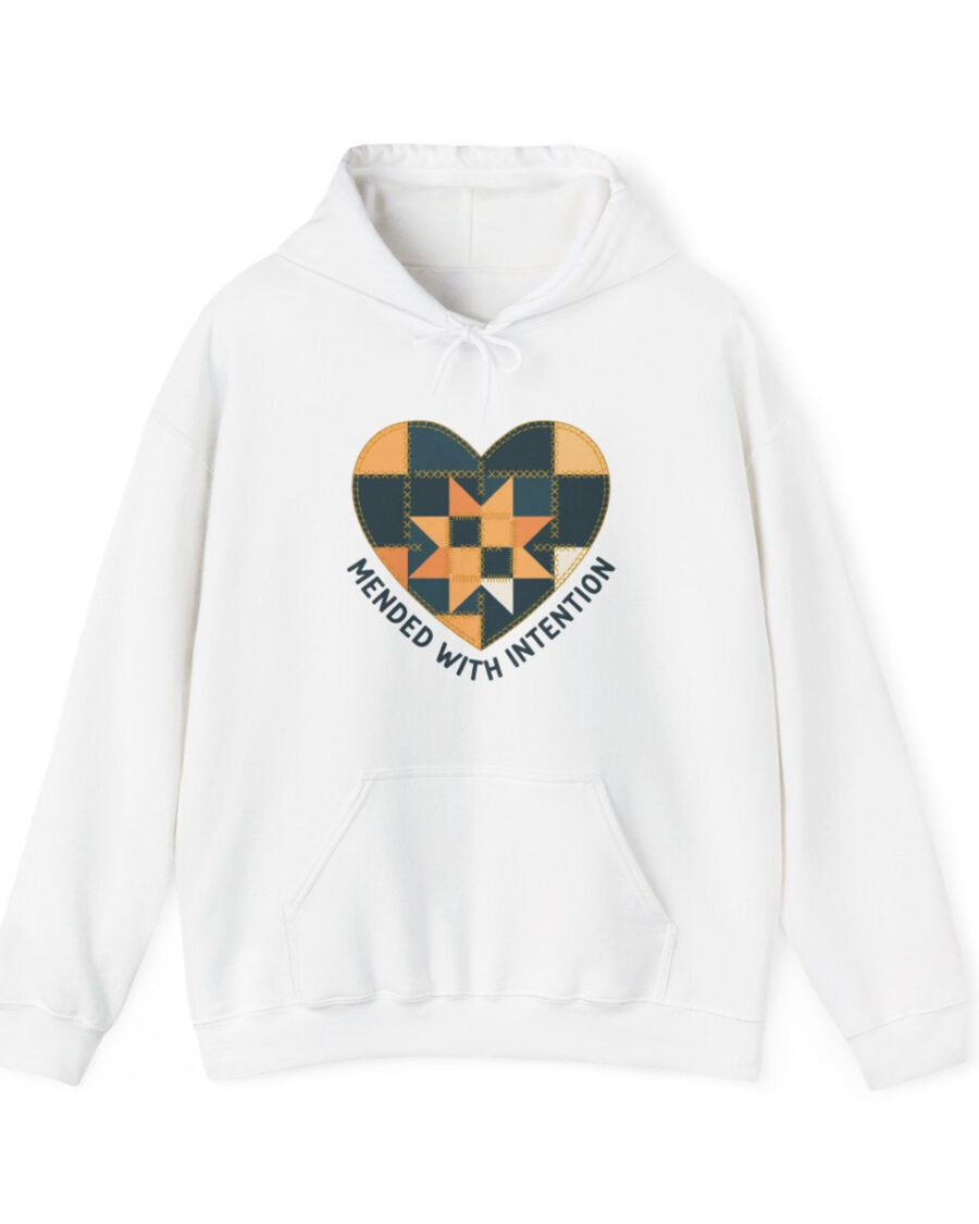 Mended With Intention Patchwork Heart Hoodie — lifestyle photo