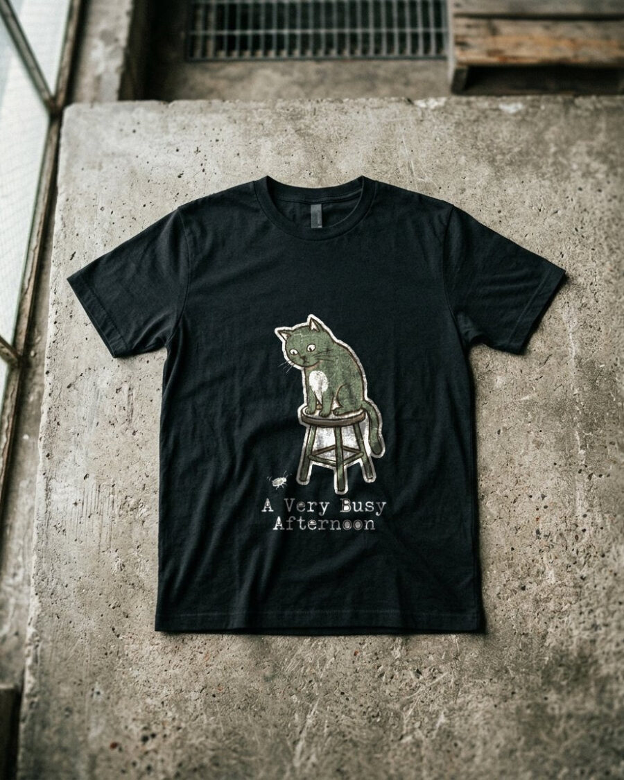 A Very Busy Afternoon Naive Cat Tee — lifestyle photo