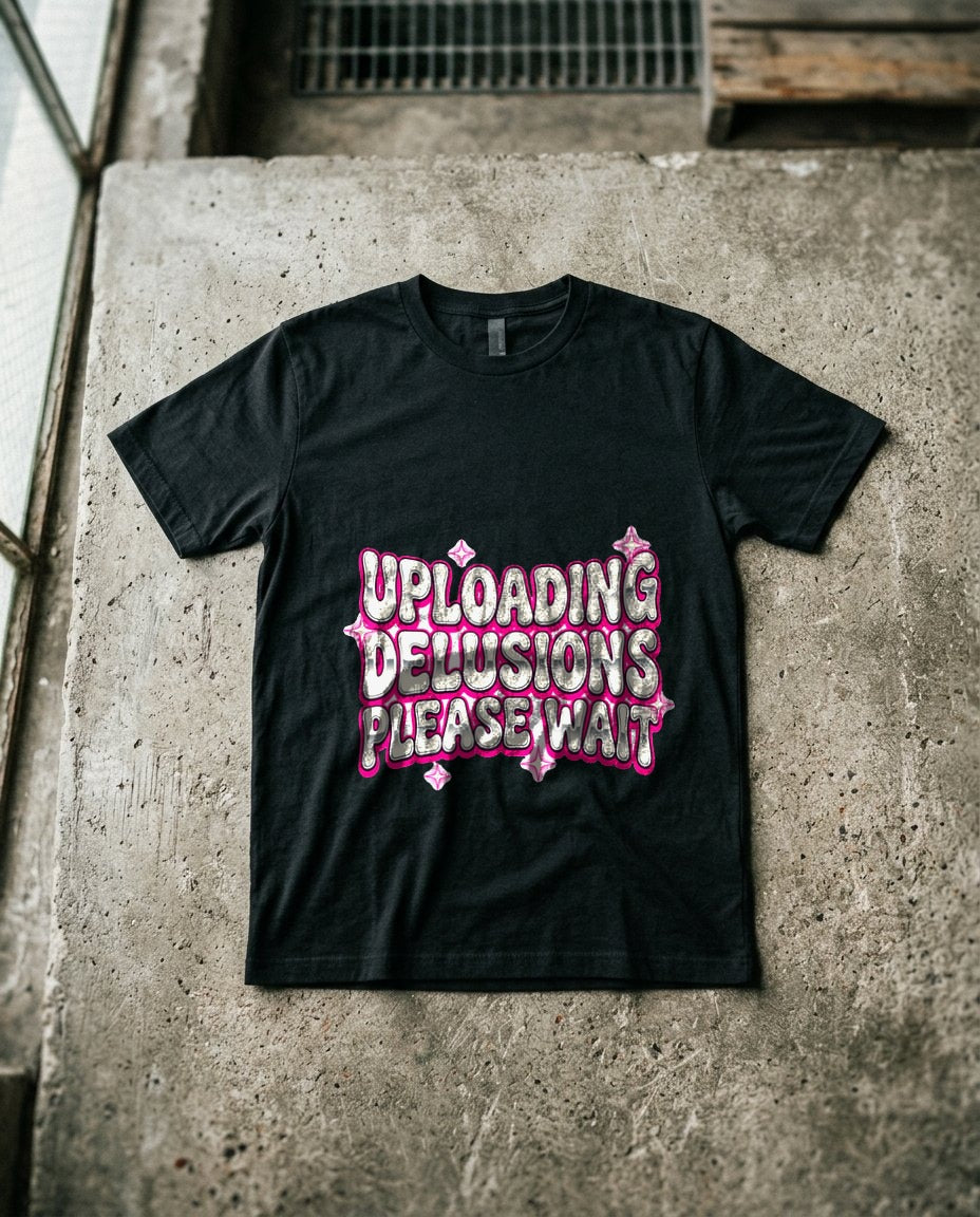 Uploading Delusions Y2K Chrome Tee — lifestyle photo