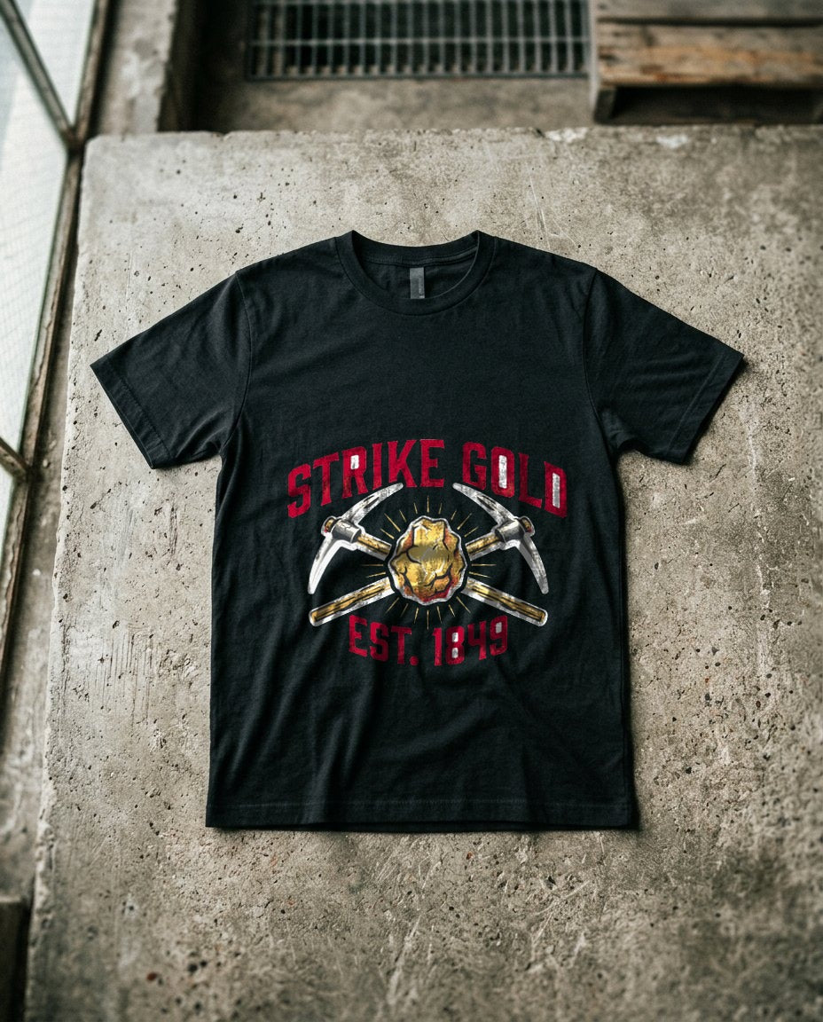 Vintage 1849 Strike Gold Pickaxe Crest — lifestyle photo