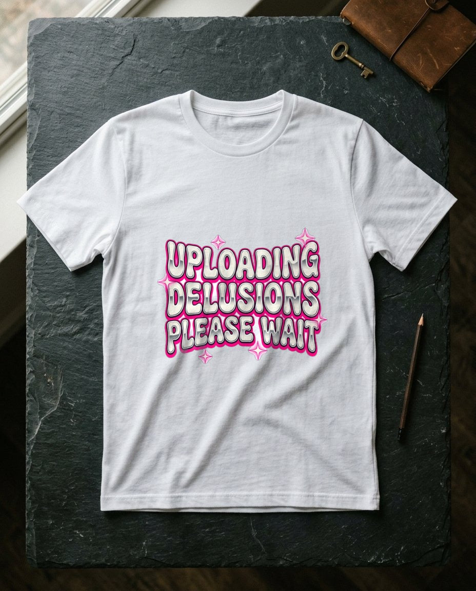 Uploading Delusions Y2K Chrome Tee — lifestyle photo