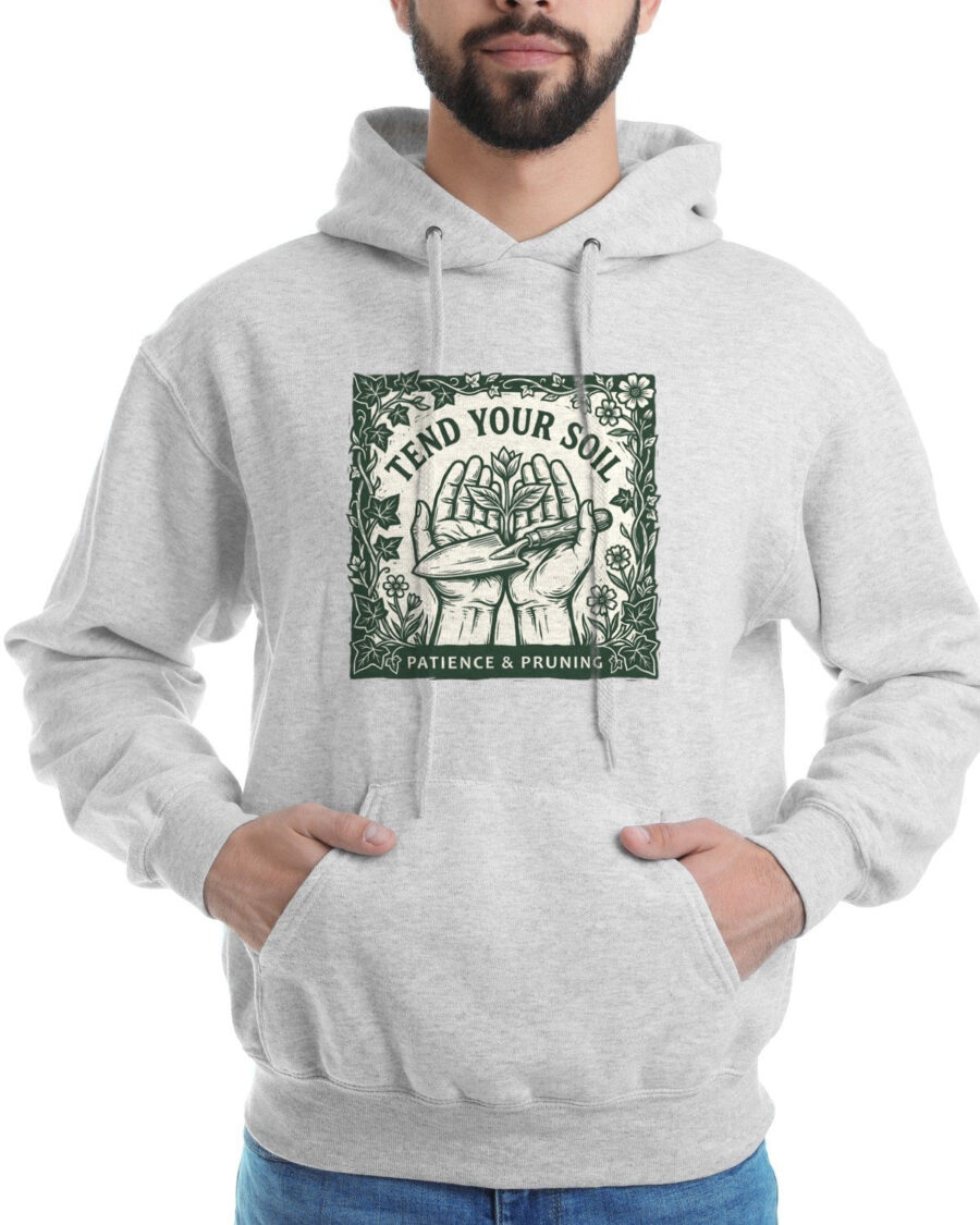 Tend Your Soil Linocut Hands Hoodie — lifestyle photo