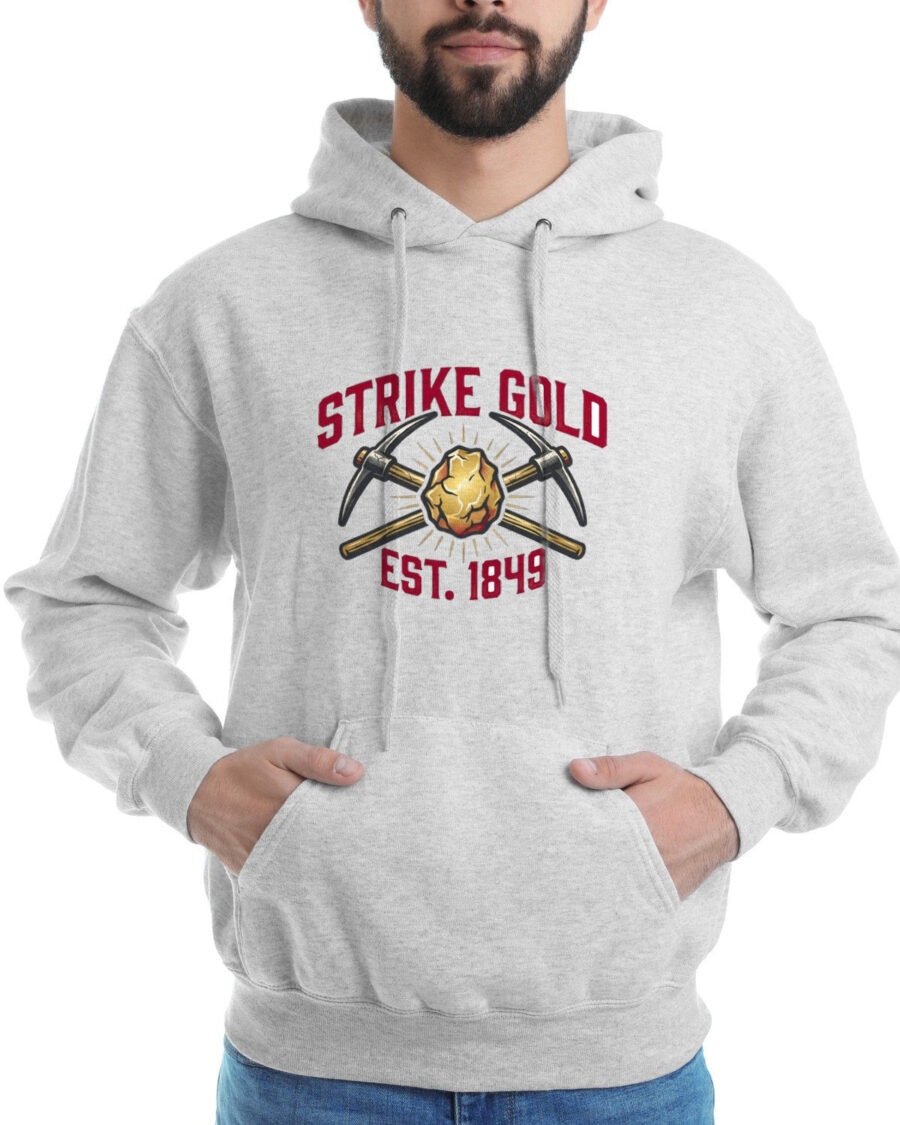 Vintage 1849 Strike Gold Pickaxe Crest Hoodie — lifestyle photo
