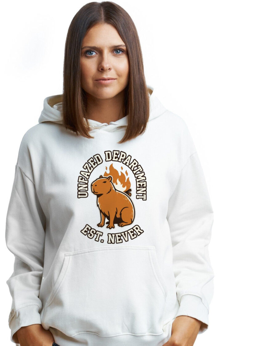 Unfazed Department Capybara Mascot Hoodie — lifestyle photo