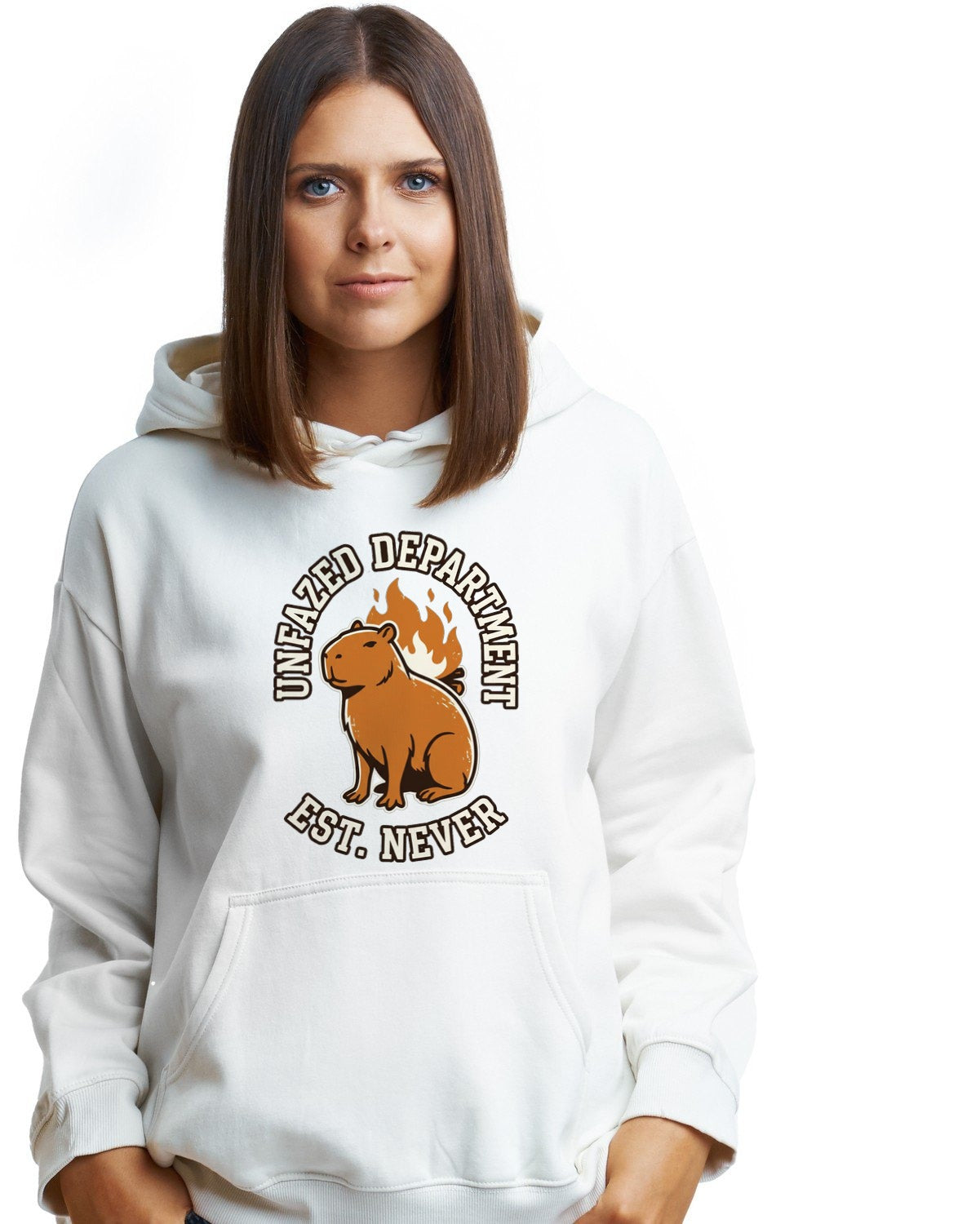 Unfazed Department Capybara Mascot Hoodie — lifestyle photo