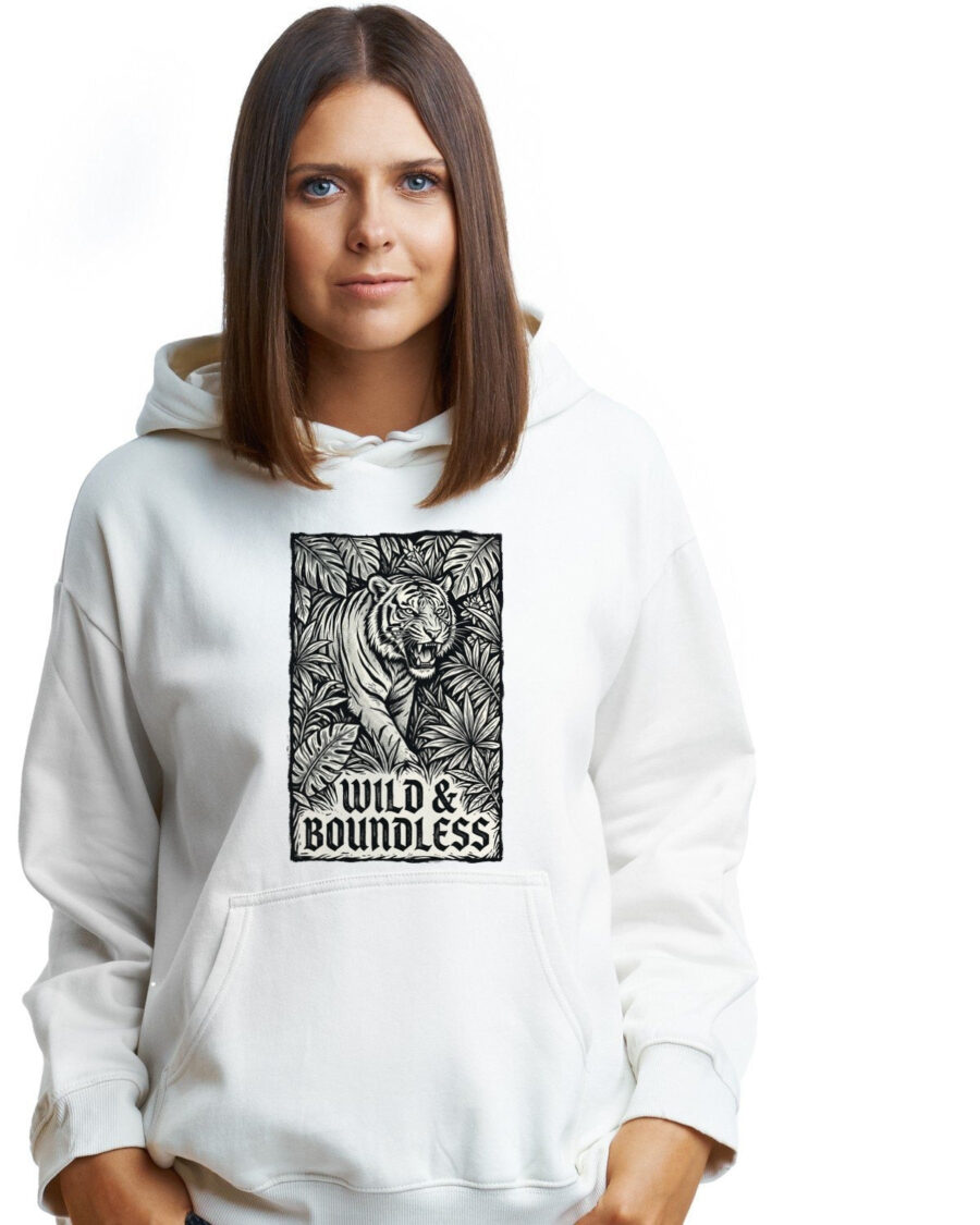 Untamed Canopy Linocut Tiger Hoodie — lifestyle photo