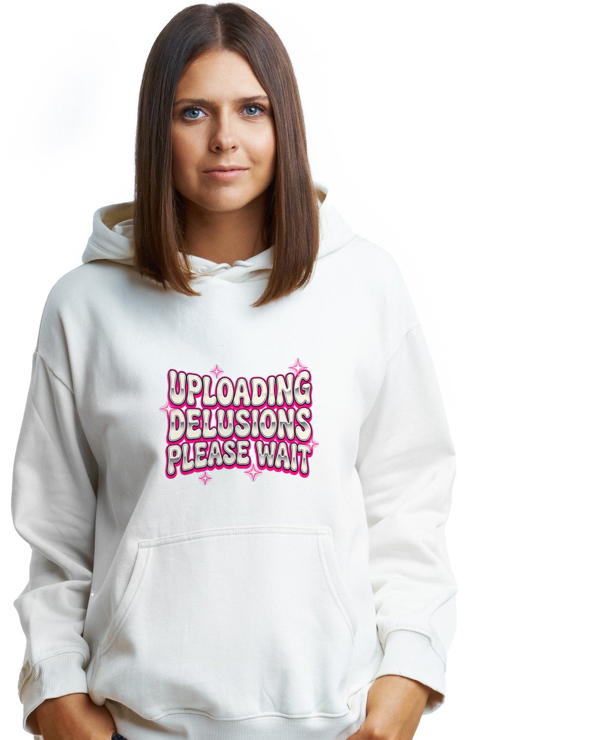 Uploading Delusions Y2K Chrome Tee Hoodie — lifestyle photo