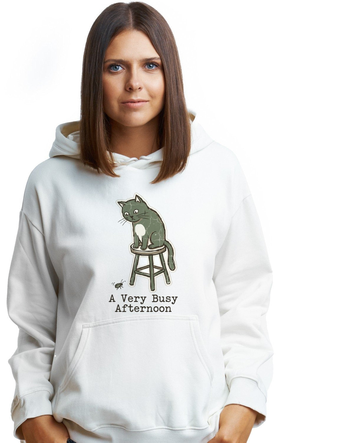 A Very Busy Afternoon Naive Cat Tee Hoodie — lifestyle photo