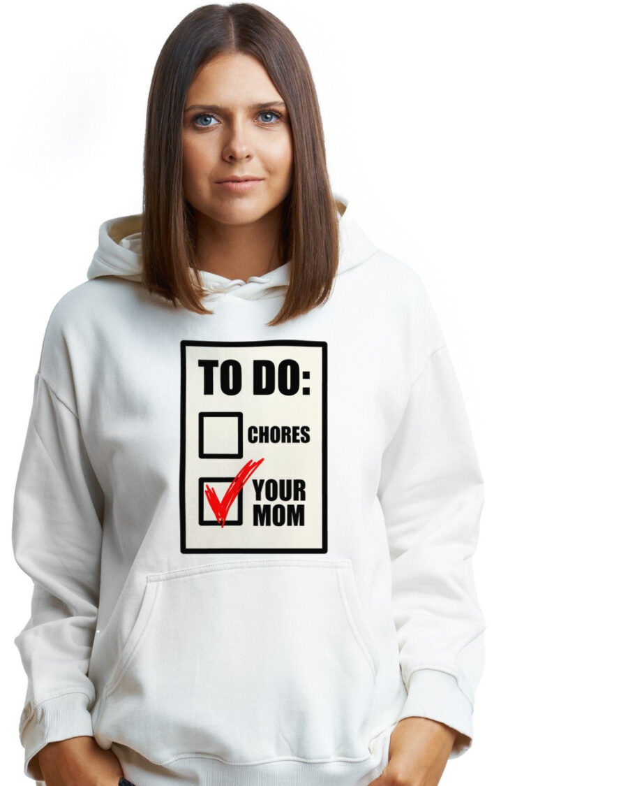 Aggressive Red Checkmark Your Mom Joke Hoodie — lifestyle photo