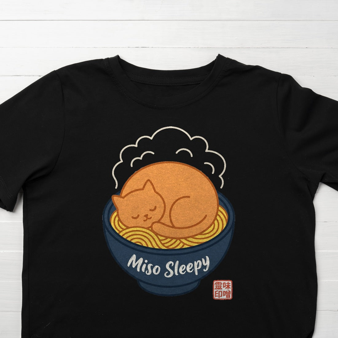 Miso Sleepy Cozy Ramen Cat Kids Tee — lifestyle photo