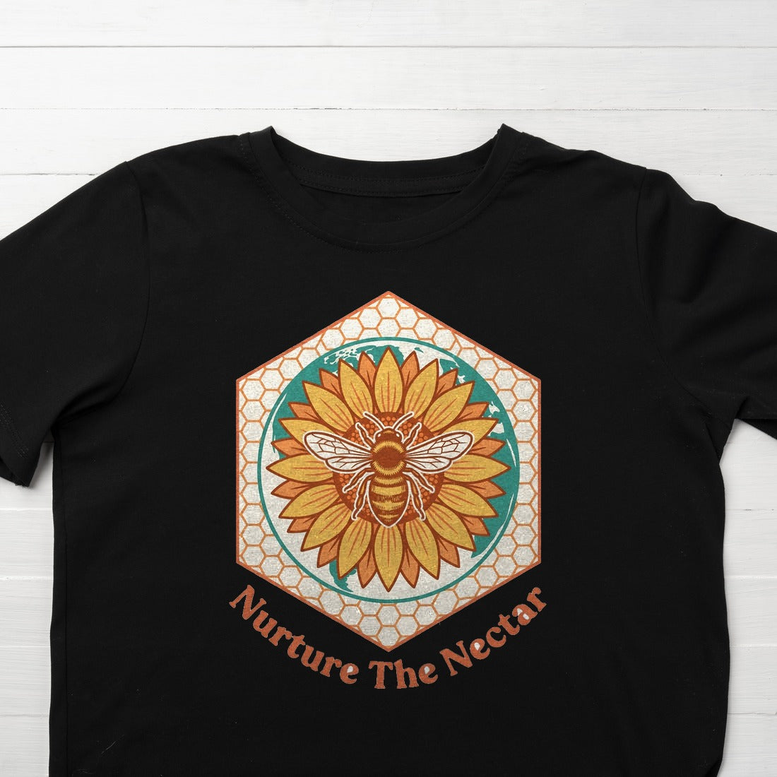 Nurture The Nectar Sunflower Hexagon Kids Tee — lifestyle photo