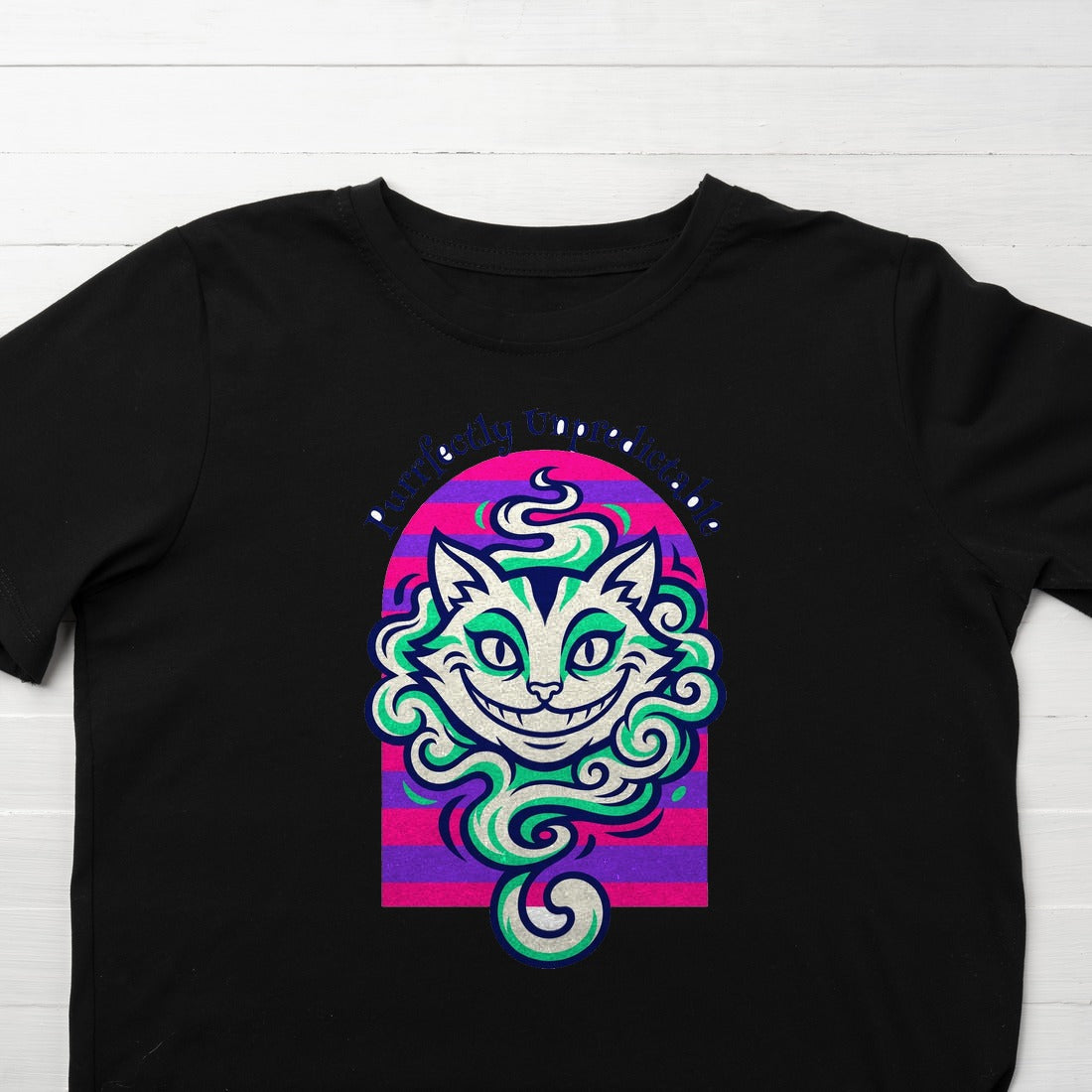Unpredictable Trickster Striped Cat Tee Kids Tee — lifestyle photo