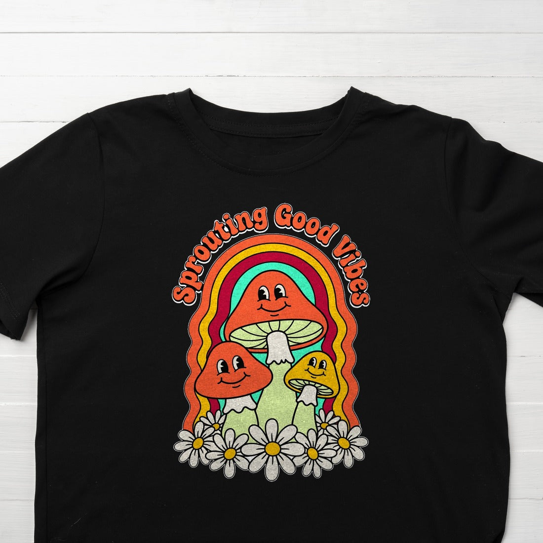 Sprouting Good Vibes Retro Mushroom Kids Tee — lifestyle photo