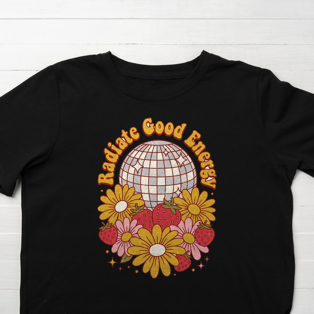 Disco Strawberry Floral Groove Kids Tee — lifestyle photo