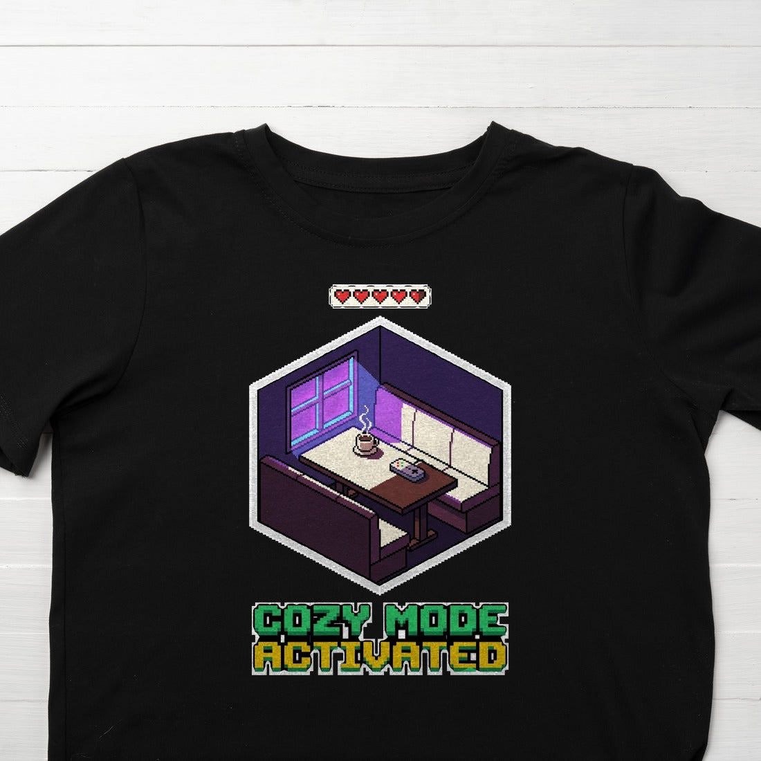 Cozy Mode Isometric Pixel Cafe Booth Kids Tee — lifestyle photo