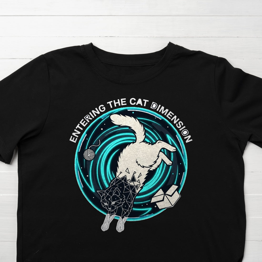 Feline Event Horizon Space Portal Kids Tee — lifestyle photo