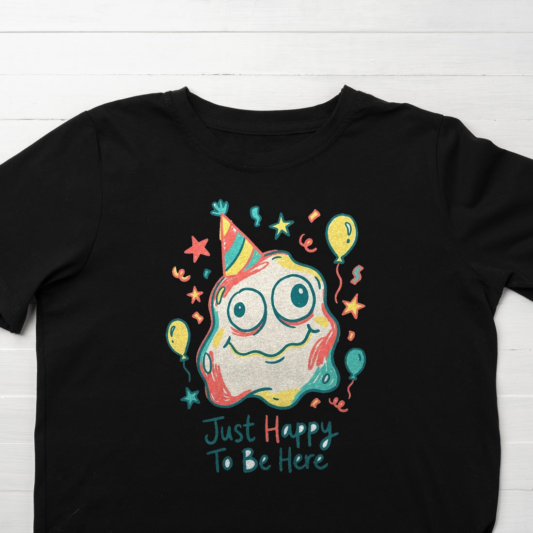 Wobbly Party Blob Just Happy To Be Here Kids Tee — lifestyle photo