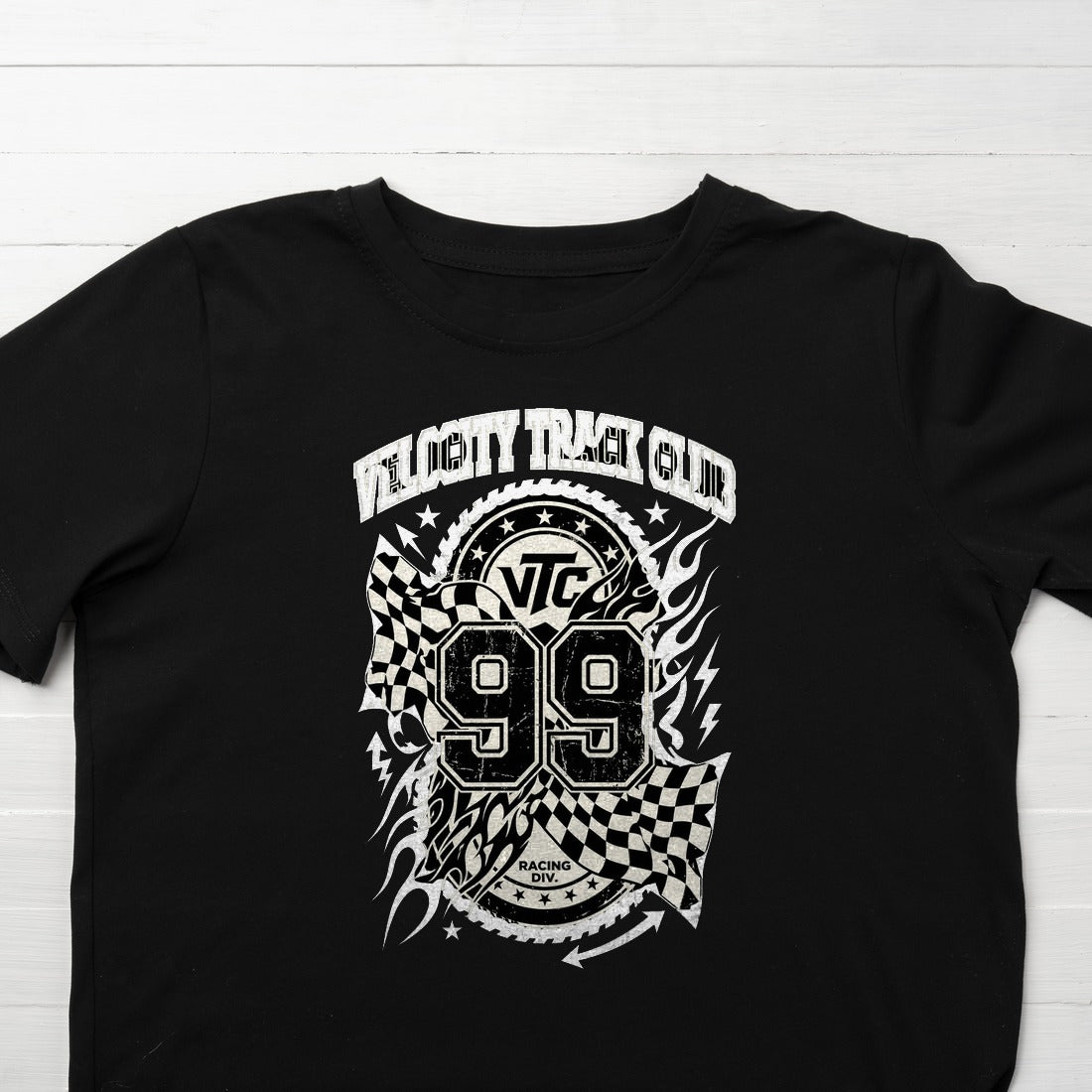 Velocity Track Club Y2K Racing Collage Kids Tee — lifestyle photo
