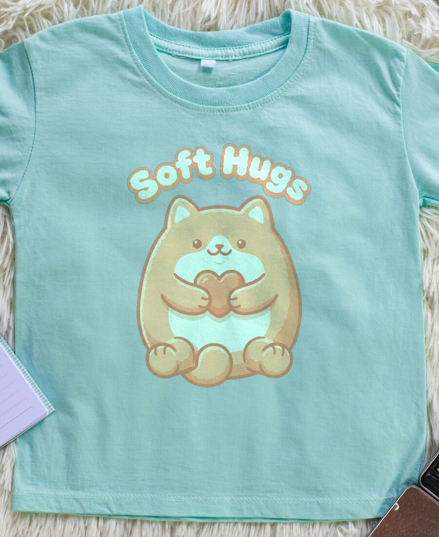 Soft Squeeze Support Plush Cat Kids Tee — lifestyle photo