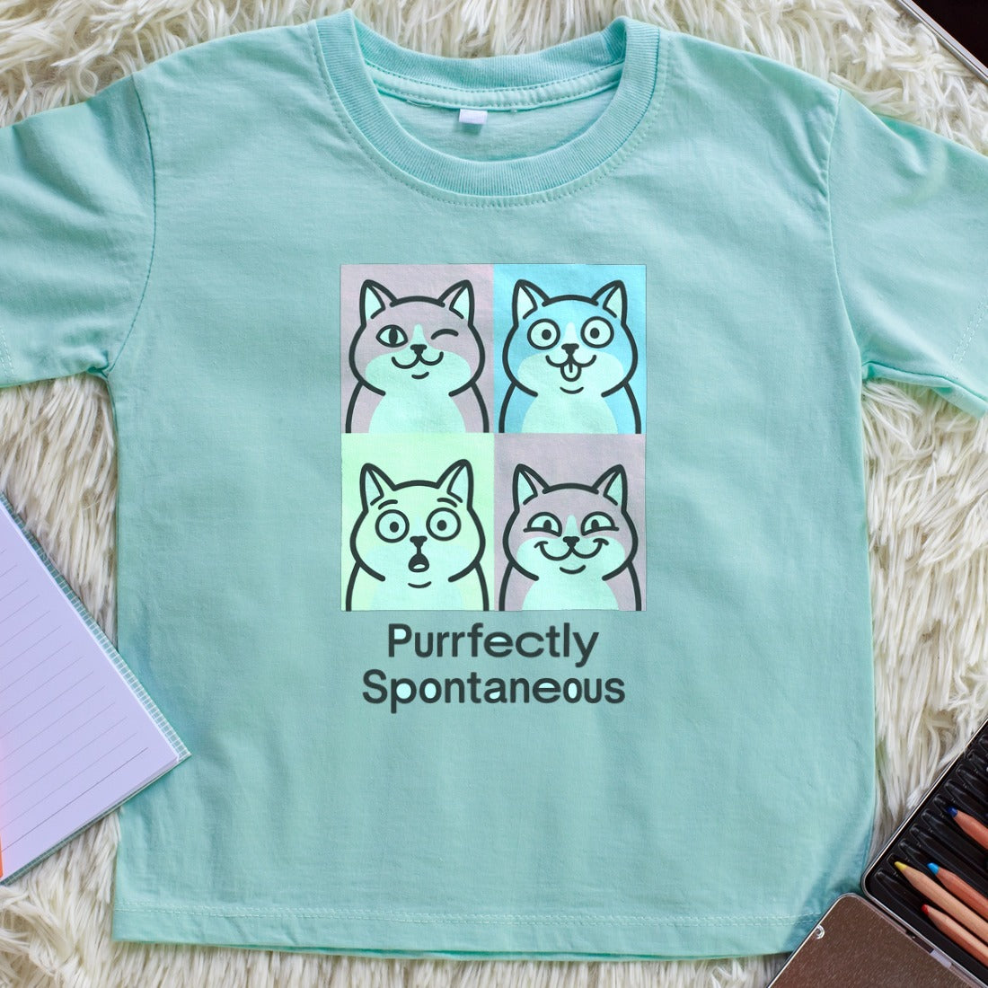 Pastel Pop Art Kitten Grid Kids Tee — lifestyle photo