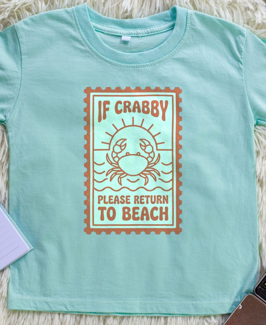 Crabby Cargo Vintage Return Stamp Kids Tee — lifestyle photo