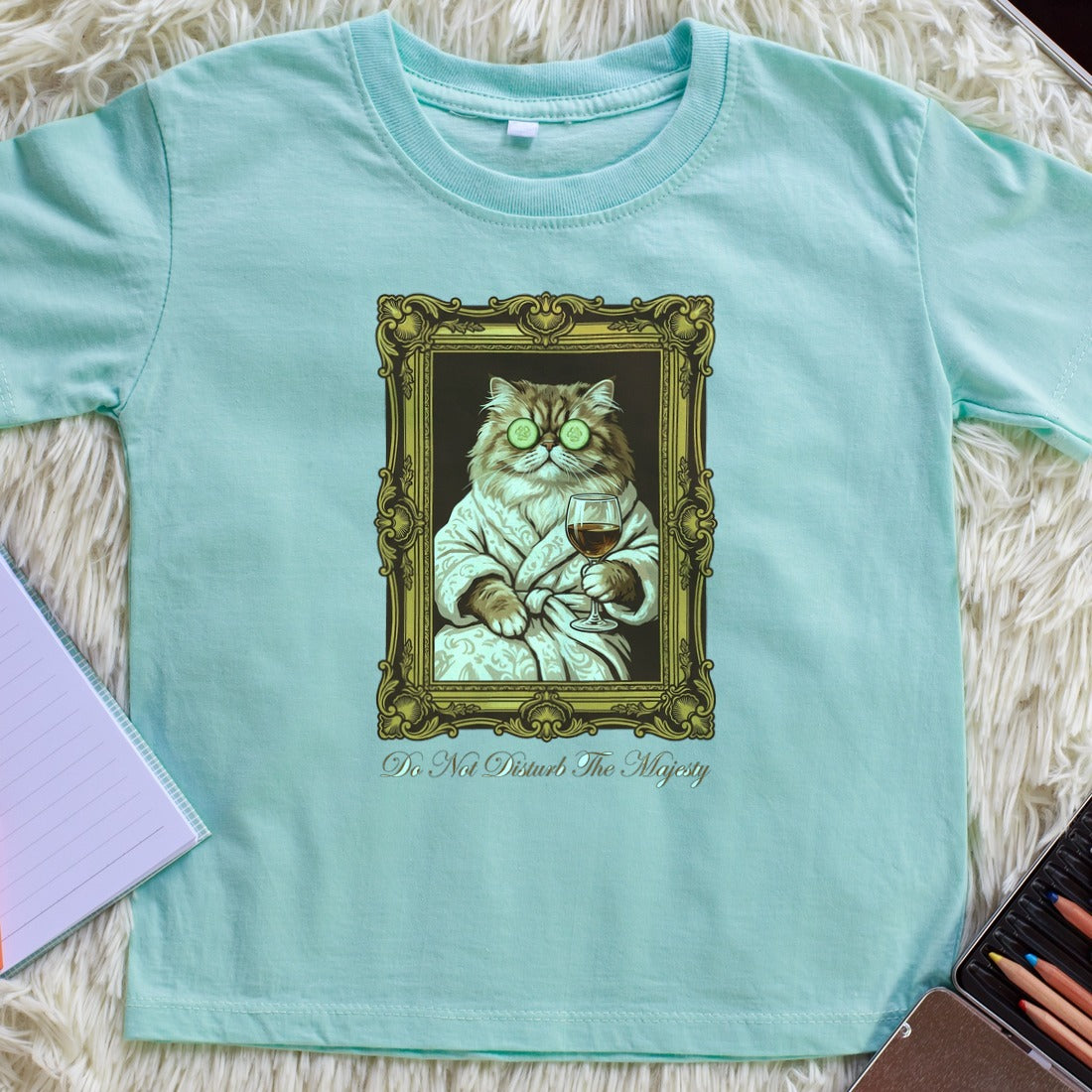 Royal Feline Spa Day Portrait Kids Tee — lifestyle photo