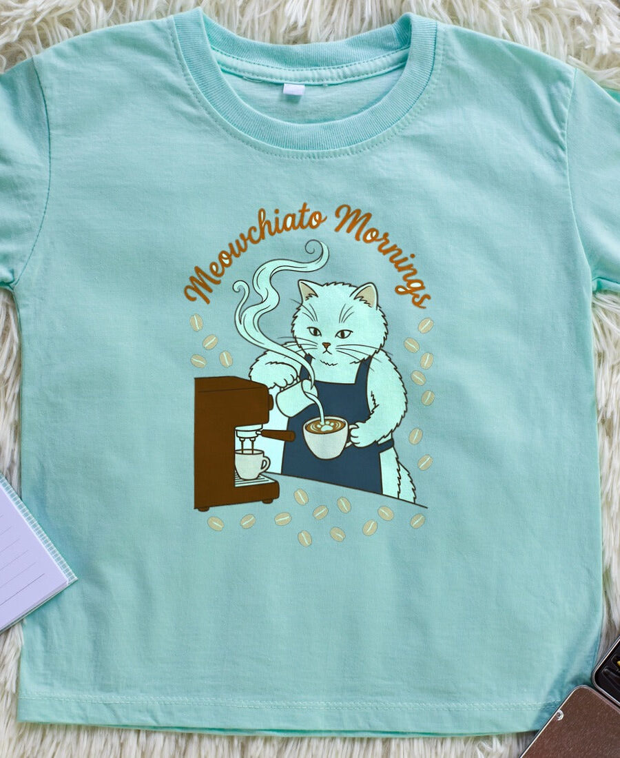 Meowchiato Mornings Cozy Cat Barista Kids Tee — lifestyle photo