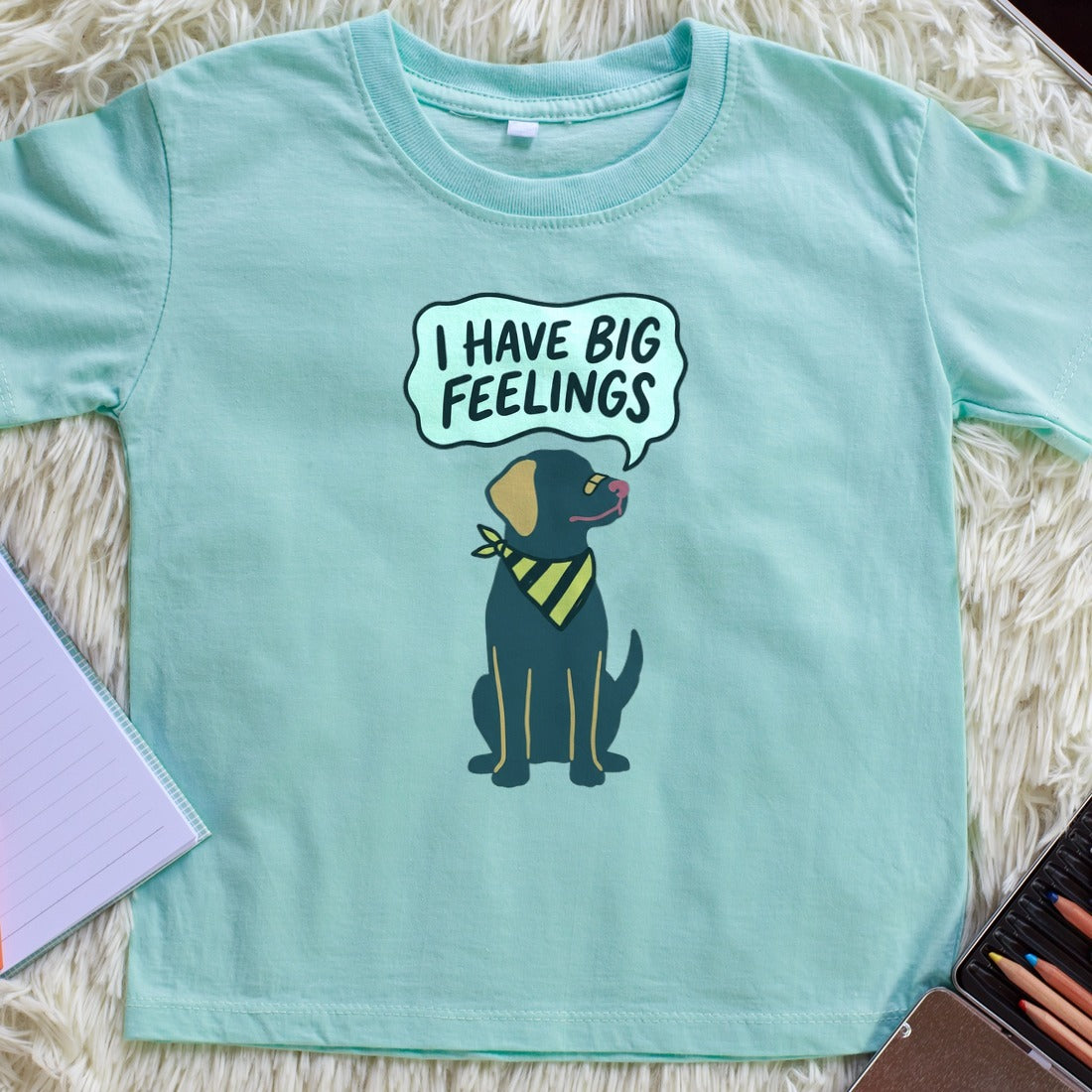 Spicy Rescue Club Big Feelings Kids Tee — lifestyle photo