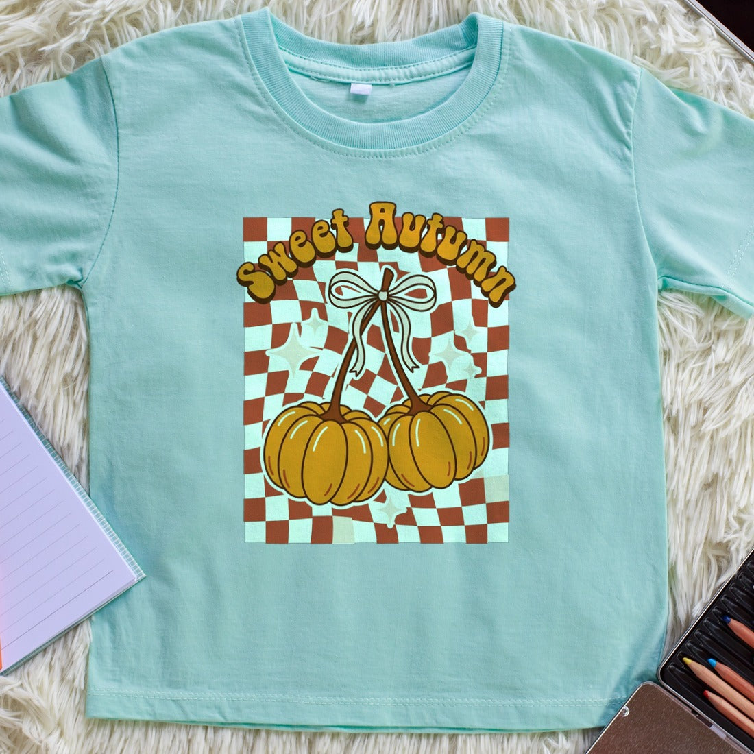 Sweet Autumn Pumpkin Cherry Bow Tee Kids Tee — lifestyle photo