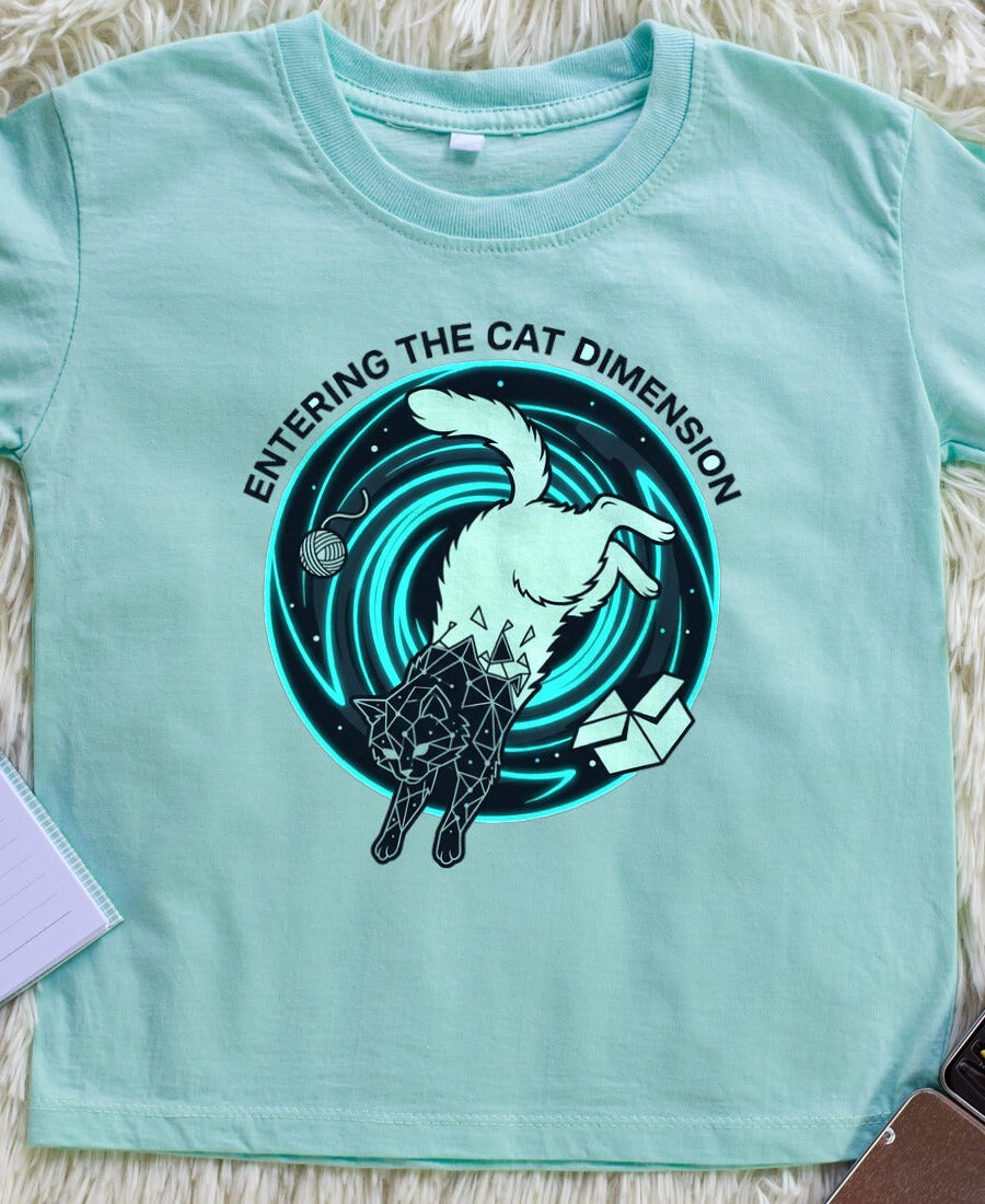 Feline Event Horizon Space Portal Kids Tee — lifestyle photo